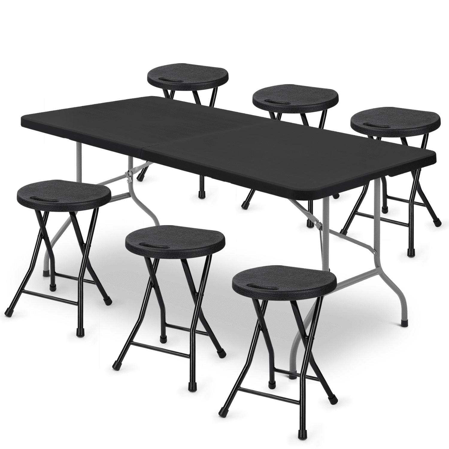 MoNiBloom 7 Pieces 6 FT Folding Table and Chair Set， Indoor Outdoor Picnic Desk with Lock and Foldable Stools for Garden
