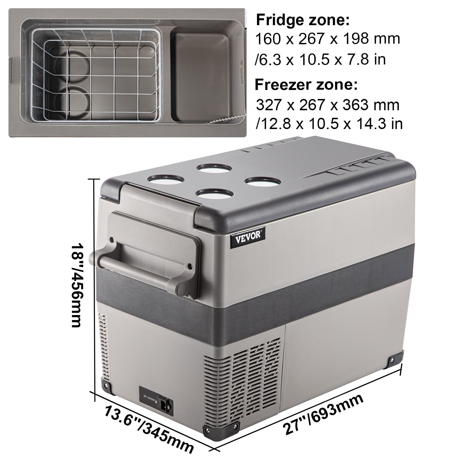 VEVORbrand 45L Portable Car Refrigerator 48 Quart Compact RV Fridge 12/24V DC & 110-240V AC Vehicle Car Truck Boat Mini Electric Cooler for Driving Travel Fishing Outdoor and Home Use -4°F-50°F