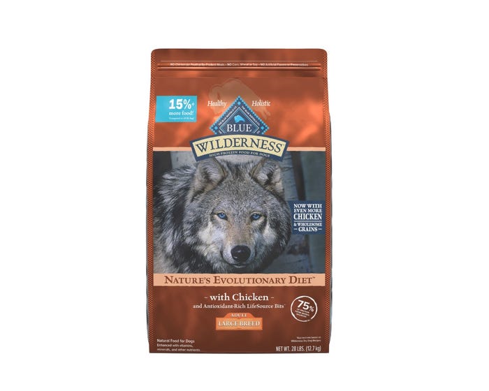 Blue Buffalo Wilderness High Protein Natural Large Breed Adult Dry Dog Food plus Wholesome Grains， Chicken， 28 lb. Bag