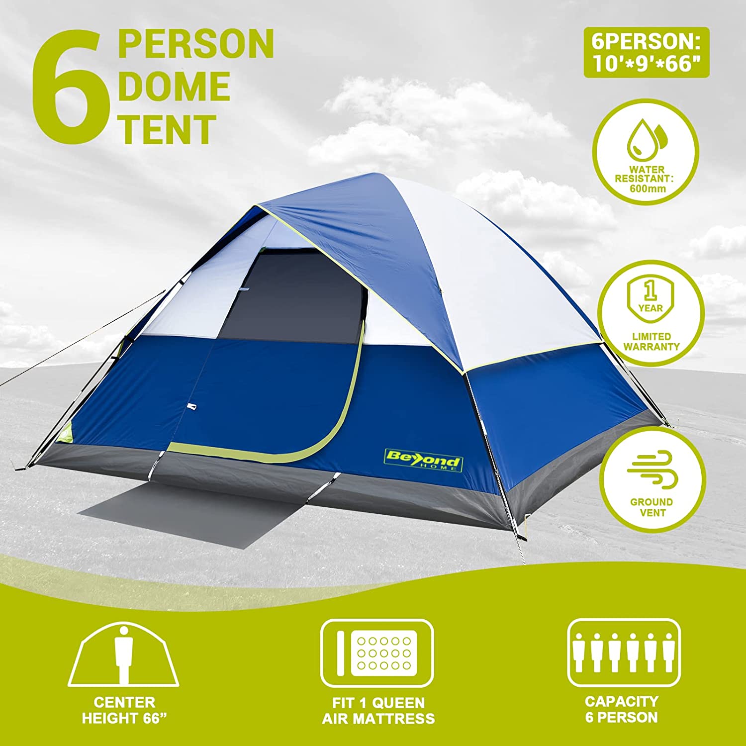 BeyondHOME Dome Camping Tent， 6-Person Tent for Family Camping and Outdoor Hiking， Upgraded Ventilation