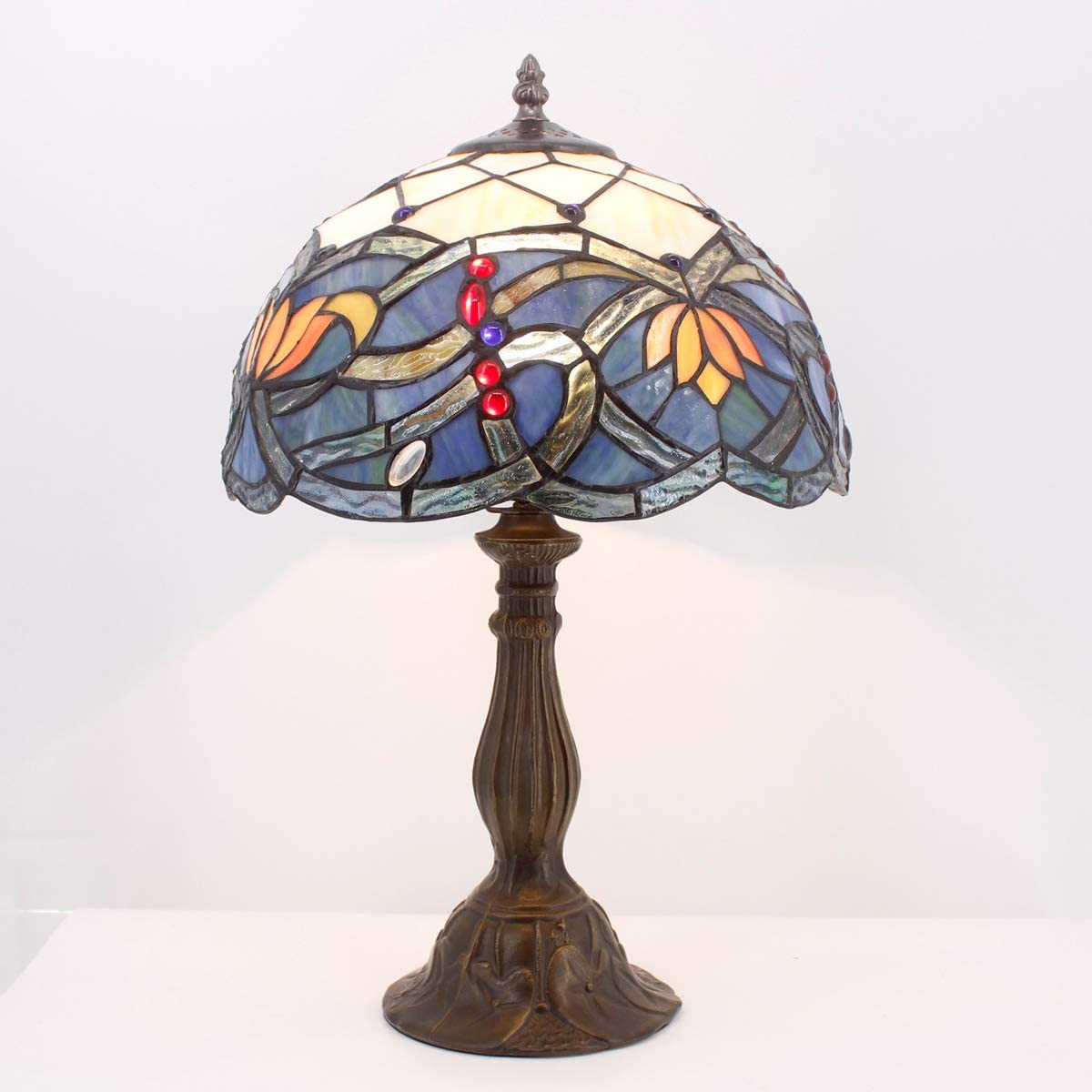 SHADY  Table Lamp Stained Glass Bedside Lamp Blue Lotus Desk Reading Light 12X12X18 Inches Decor Bedroom Living Room Home Office S220 Series