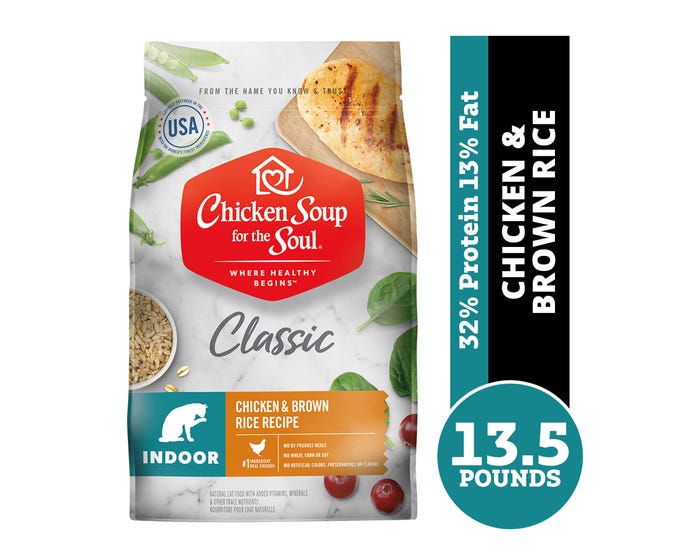 Chicken Soup for the Soul Indoor Cat - Chicken  Brown Rice Recipe Dry Cat Food， 13.5 lb. Bag