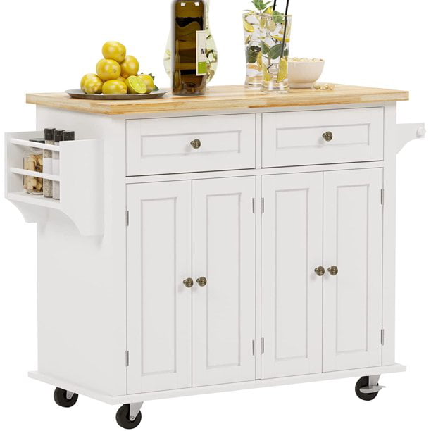 SogesPower Wood Kitchen Island Cart with Drawer， Spice Rack， Towel Bar， Butcher Block Top， Rolling Storage Cabinet Trolley White