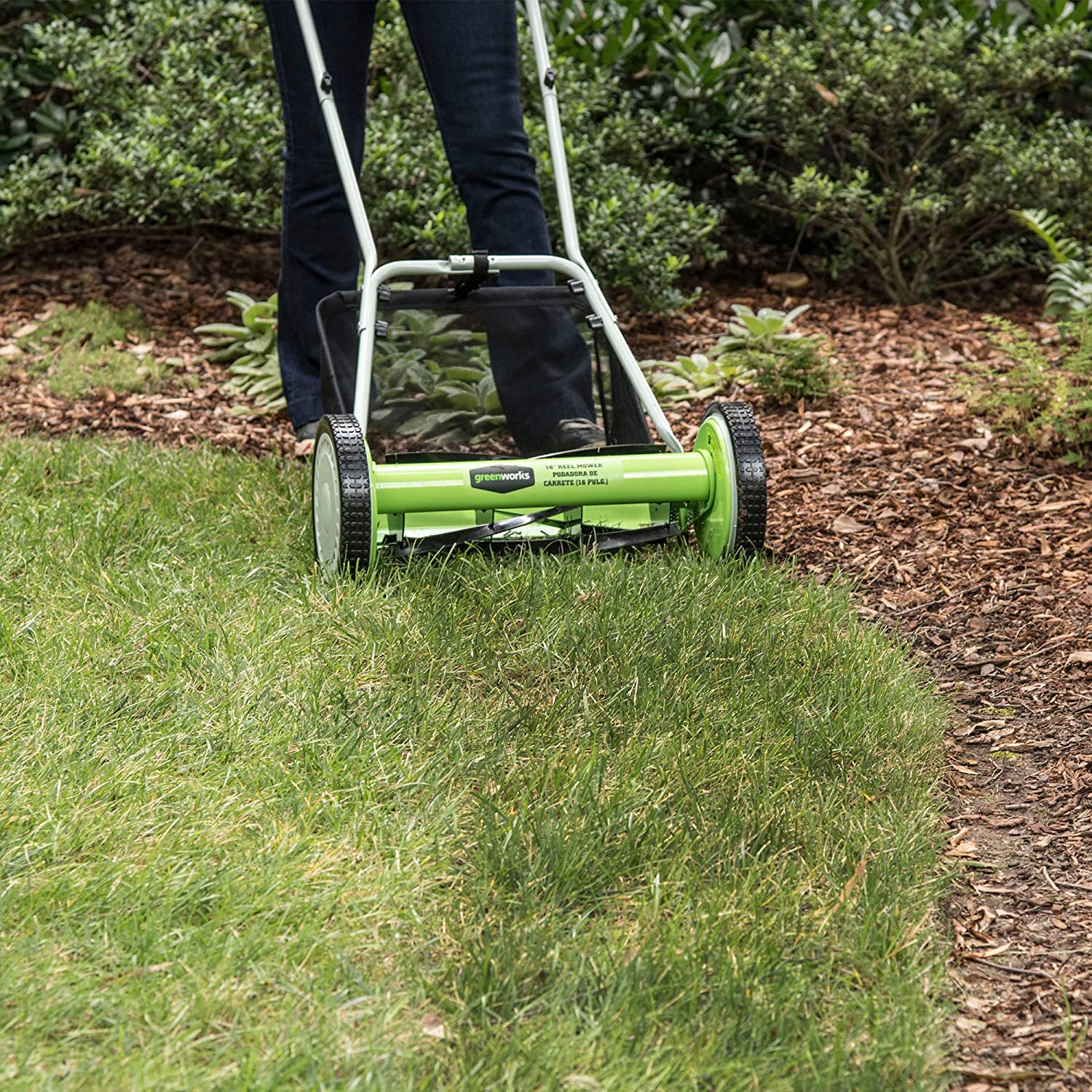 Greenworks 16-Inch Reel Lawn Mower with Grass Catcher 25052，Black/Green， 47