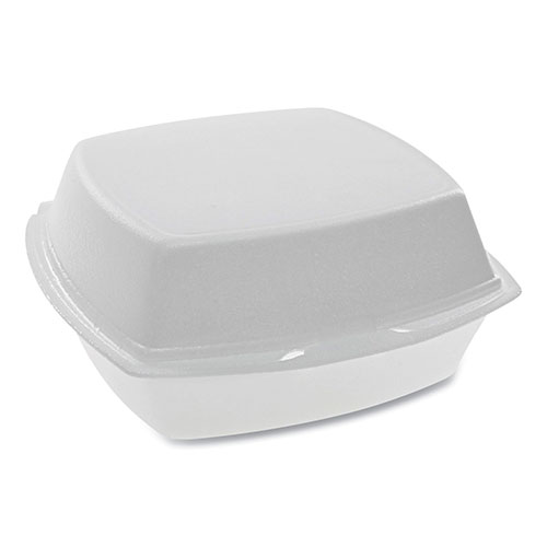 Pactiv Foam Hinged Lid Containers | Single Tab Lock， 6.38 x 6.38 x 3， 1-Compartment， White， 500