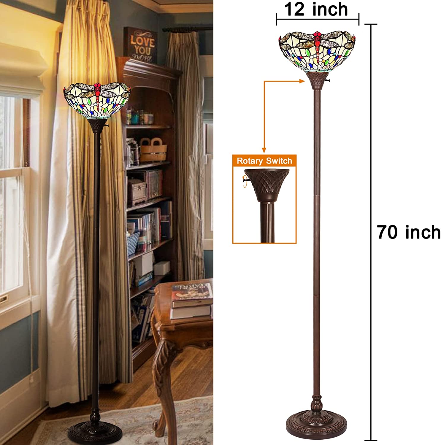 BBNBDMZ  Torchiere Floor Lamp Industrial Dark Bronze Pole Dragonfly Style Grapefruit Orange Stained Glass Standing Torch Up Light for Living Room Bedroom Office