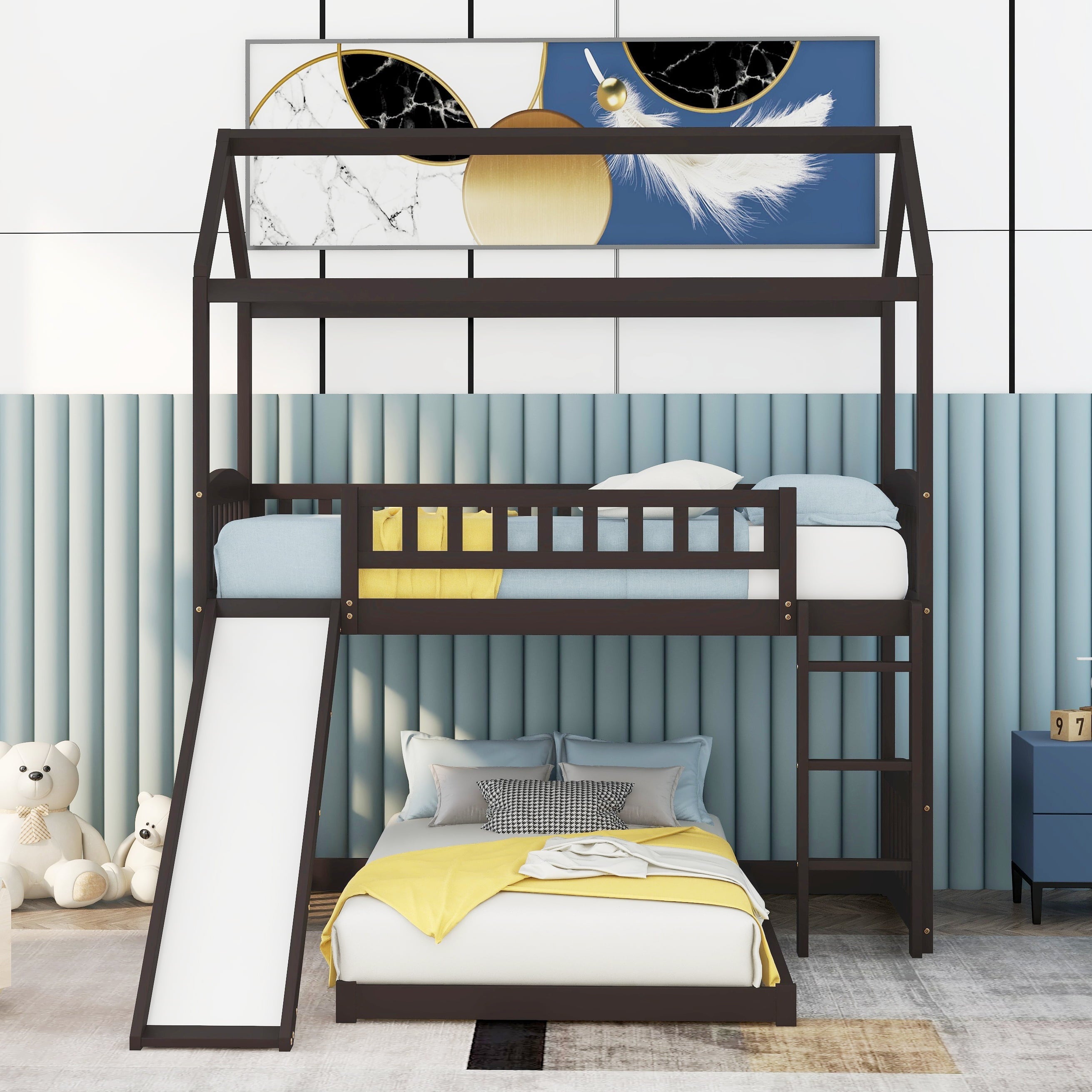 Bellemave House Bunk Bed with Slide, Wood Twin Over Twin L-Shape Bunk Bed Frame with Ladder for Kids Teens (Espresso)