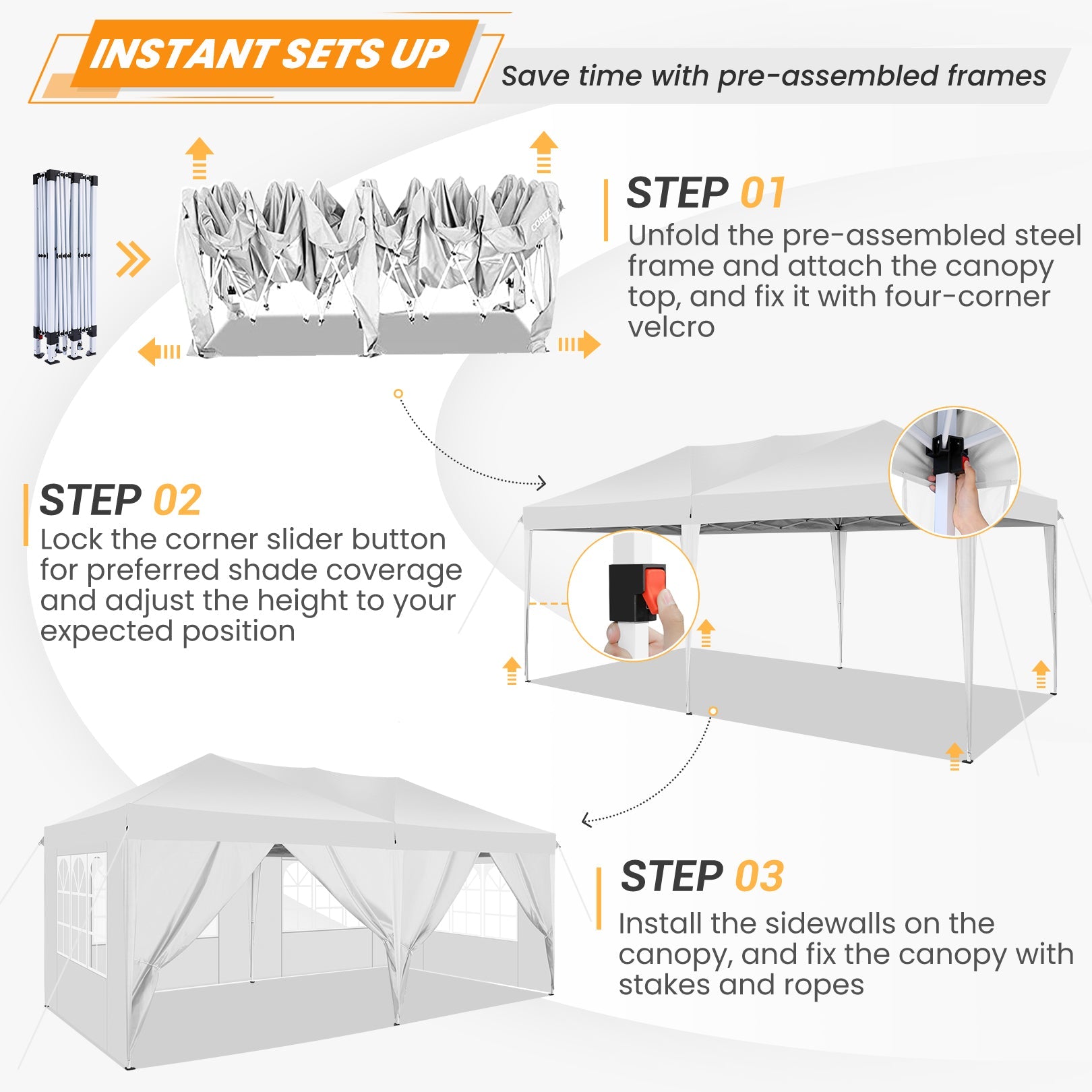 10' x 20' Outdoor Canopy Tent EZ Pop Up Backyard Canopy Portable Party Commercial Instant Canopy Shelter Tent Gazebo with 6 Removable Sidewalls & Carrying Bag for Wedding Picnics Camping, White