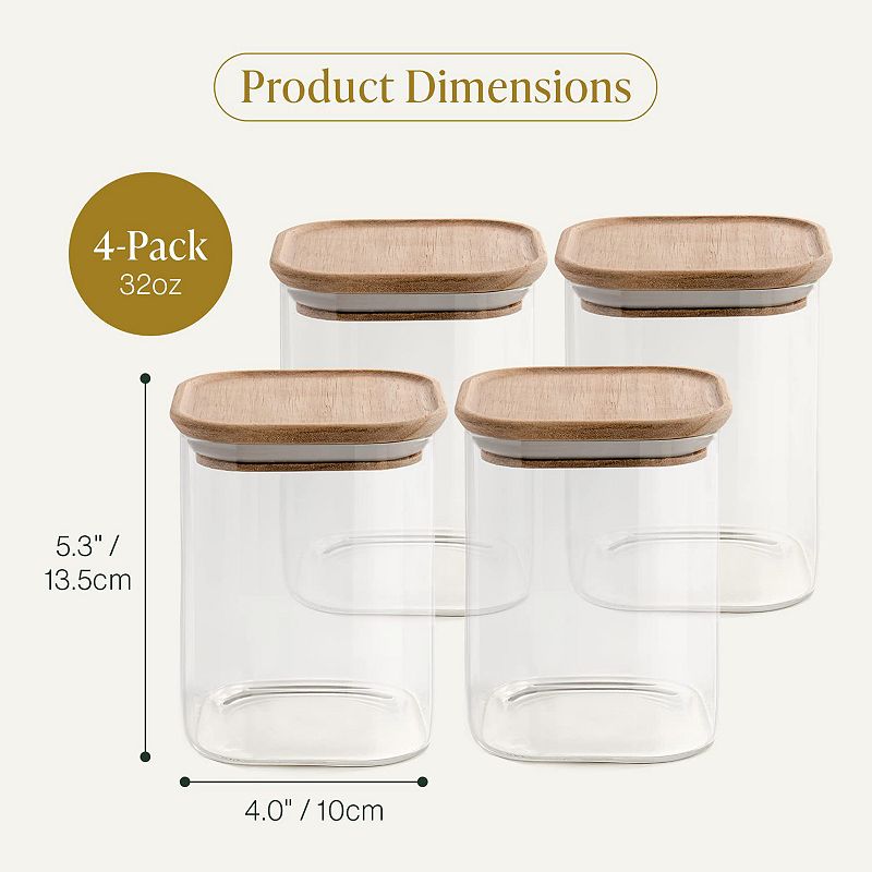 Bloom and Breeze Airtight Food Storage Containers ， Stackable with Labels， Glass Storage Containers With Acacia Wood Lids， Cereal and Pasta Containers For Pantry and Kitchen 4-Piece Set 32oz