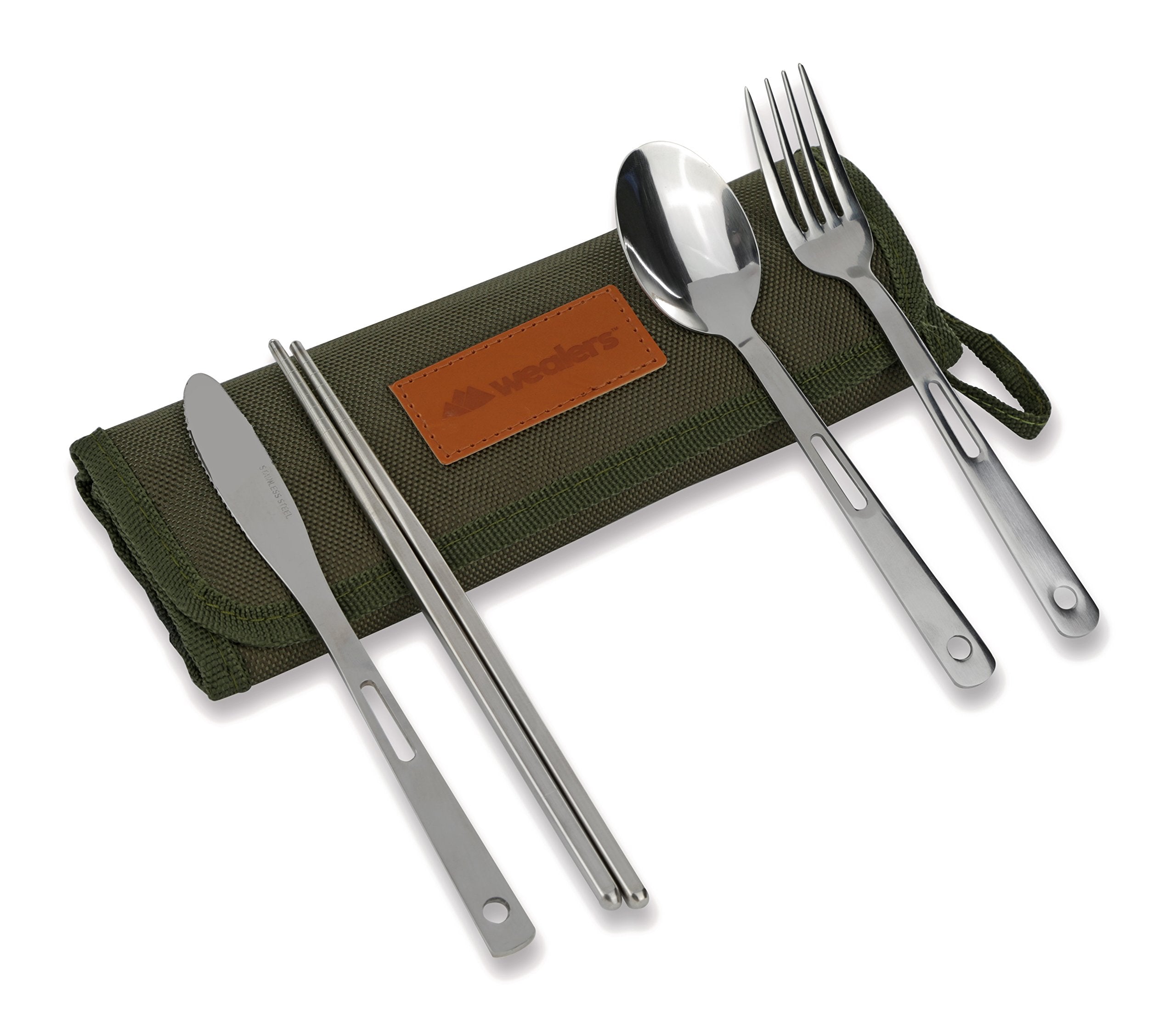 13 Piece Stainless Steel Family Cutlery Picnic Utensil Set with Travel Case for Camping | Hiking | BBQs - Includes Forks | Spoons | Knifes | Chopstick, Plus Nylon Commuter Case (Green)