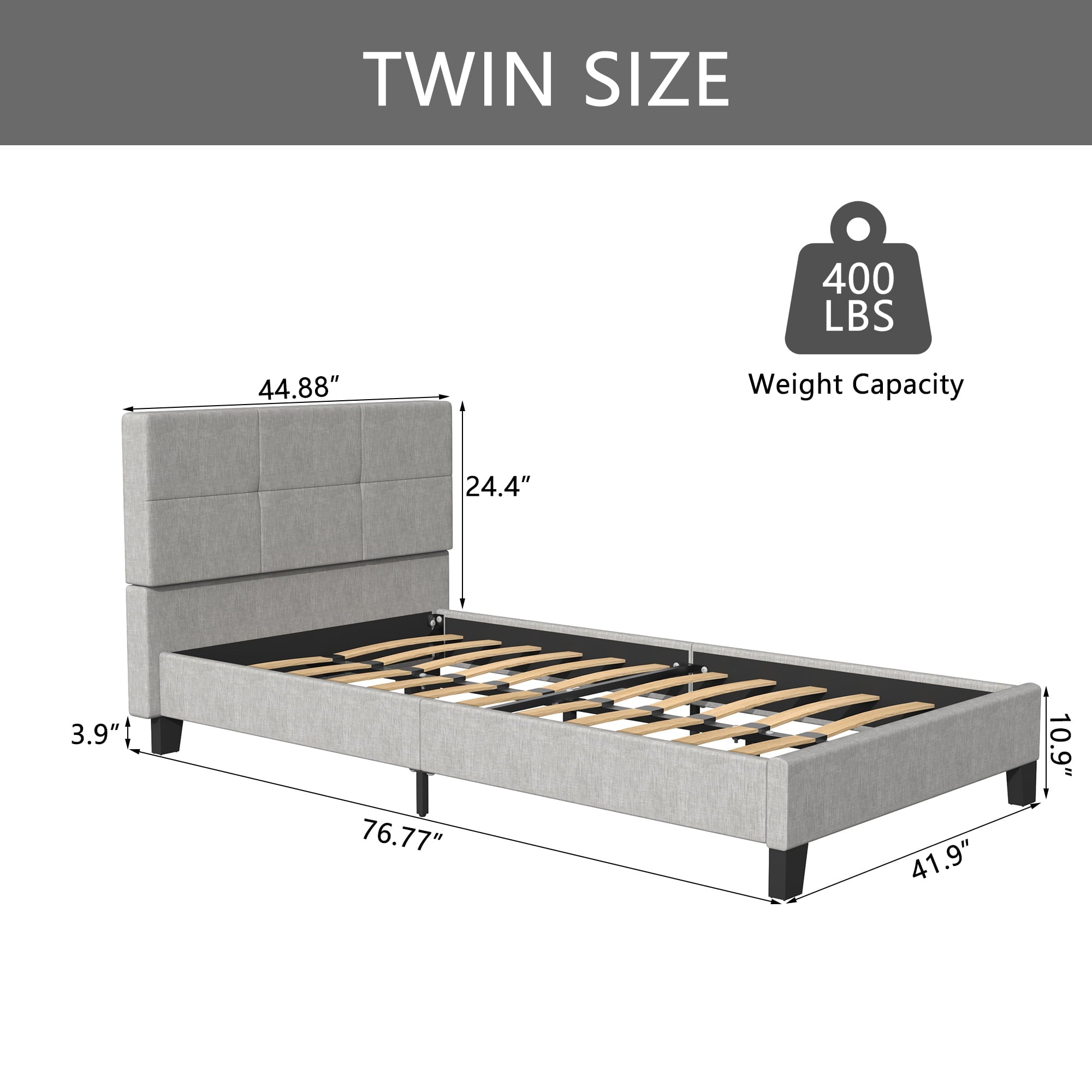 uhomepro Gray Twin Bed Frame for Adults Kids, Modern Fabric Upholstered Platform Bed Frame with Headboard, Twin Size Bed Frame Bedroom Furniture with Wood Slats Support, No Box Spring Needed