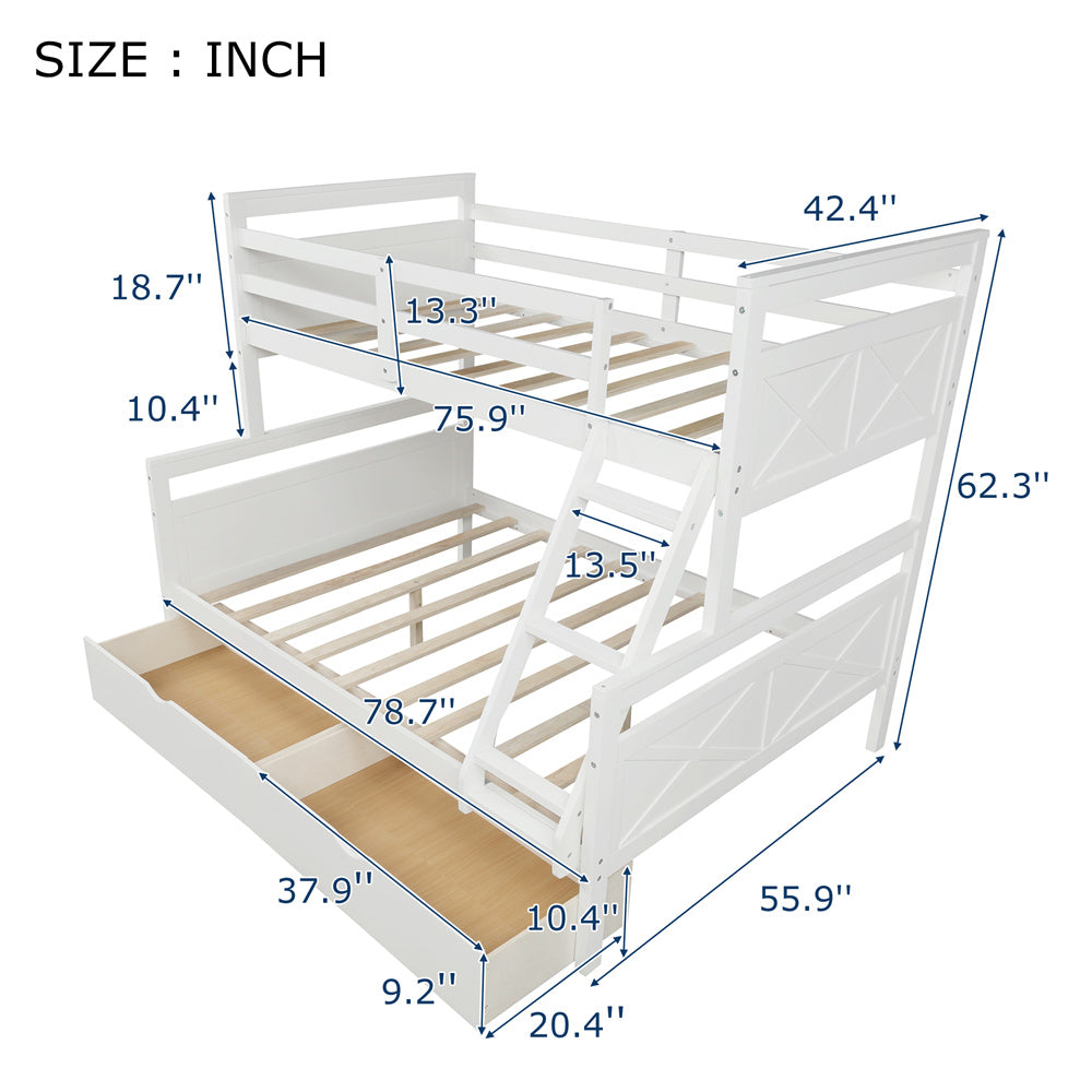 Twin Over Full Bunk Bed, Solid Wood Bed Frame with Two Storage Drawers, Ladder and Safety Guardrail for Kids Guest Room Bed (White)