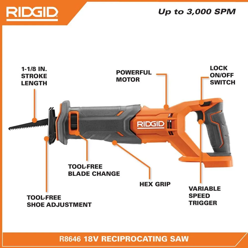 RIDGID 18V Cordless Reciprocating Saw with (2) 4.0 Ah Batteries, 18V Charger, and Bag R8646B-AC93044SBN