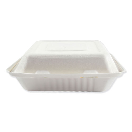 Boardwalk Bagasse Molded Fiber Food Containers | Hinged-Lid， 3-Compartment 9 x 9， White， 100