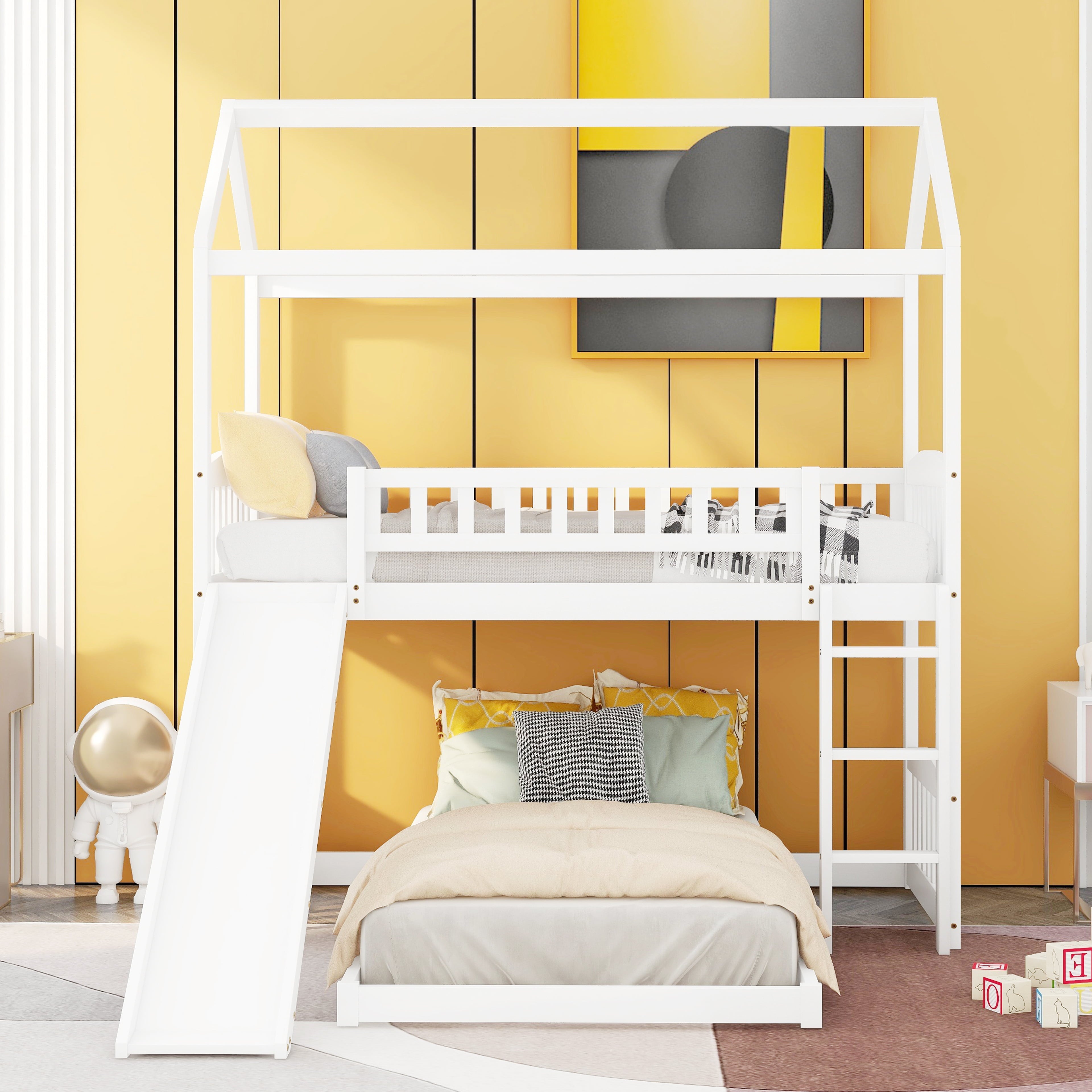 Bellemave House Bunk Bed with Slide, Wood Twin Over Twin L-Shape Bunk Bed Frame with Ladder for Kids Teens (White)