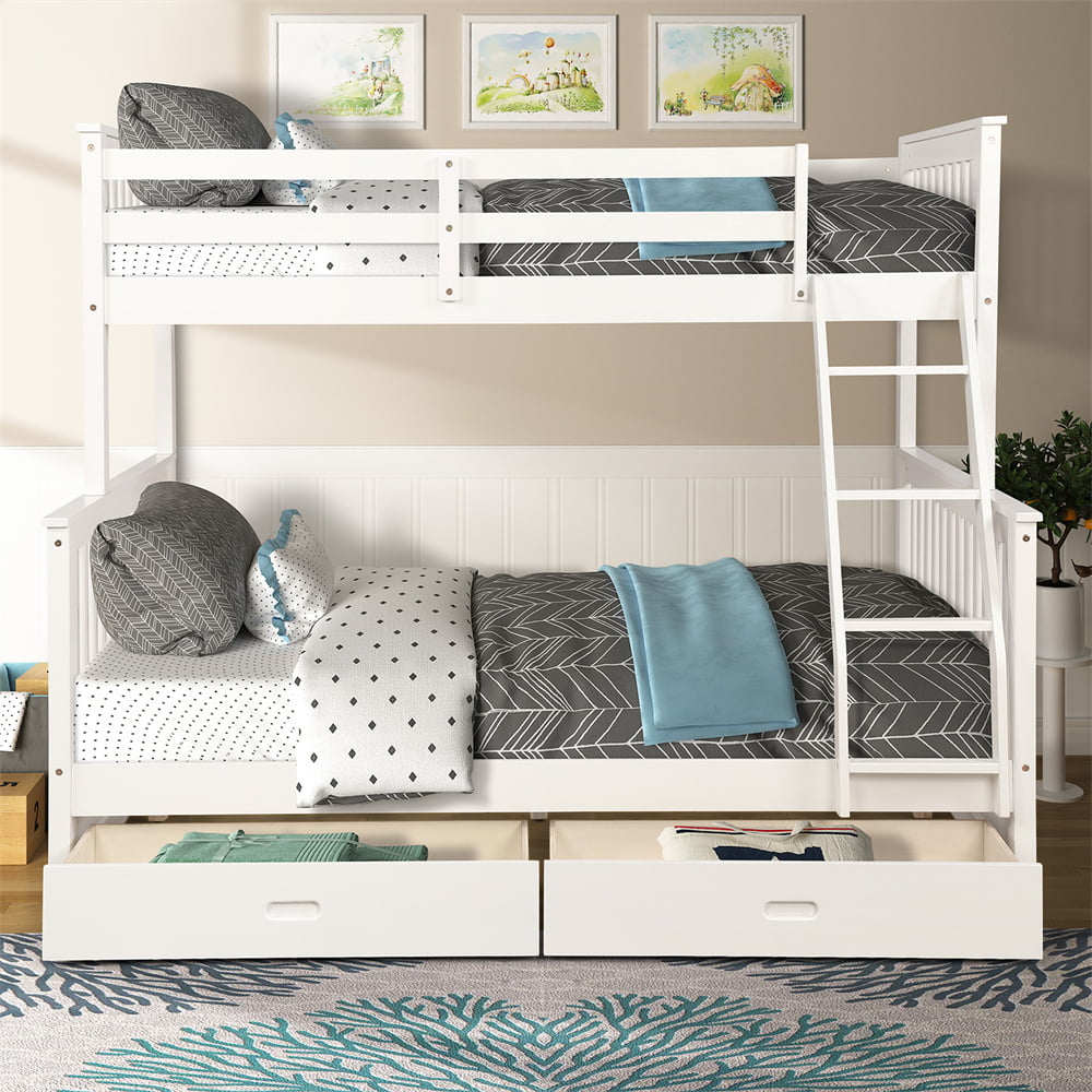 Vanelc Twin Over Full Bunk Bed with Two Storage Drawers, Pine Wood Frame and Ladder with Guard Rails for Teens, Boys, Girls, White