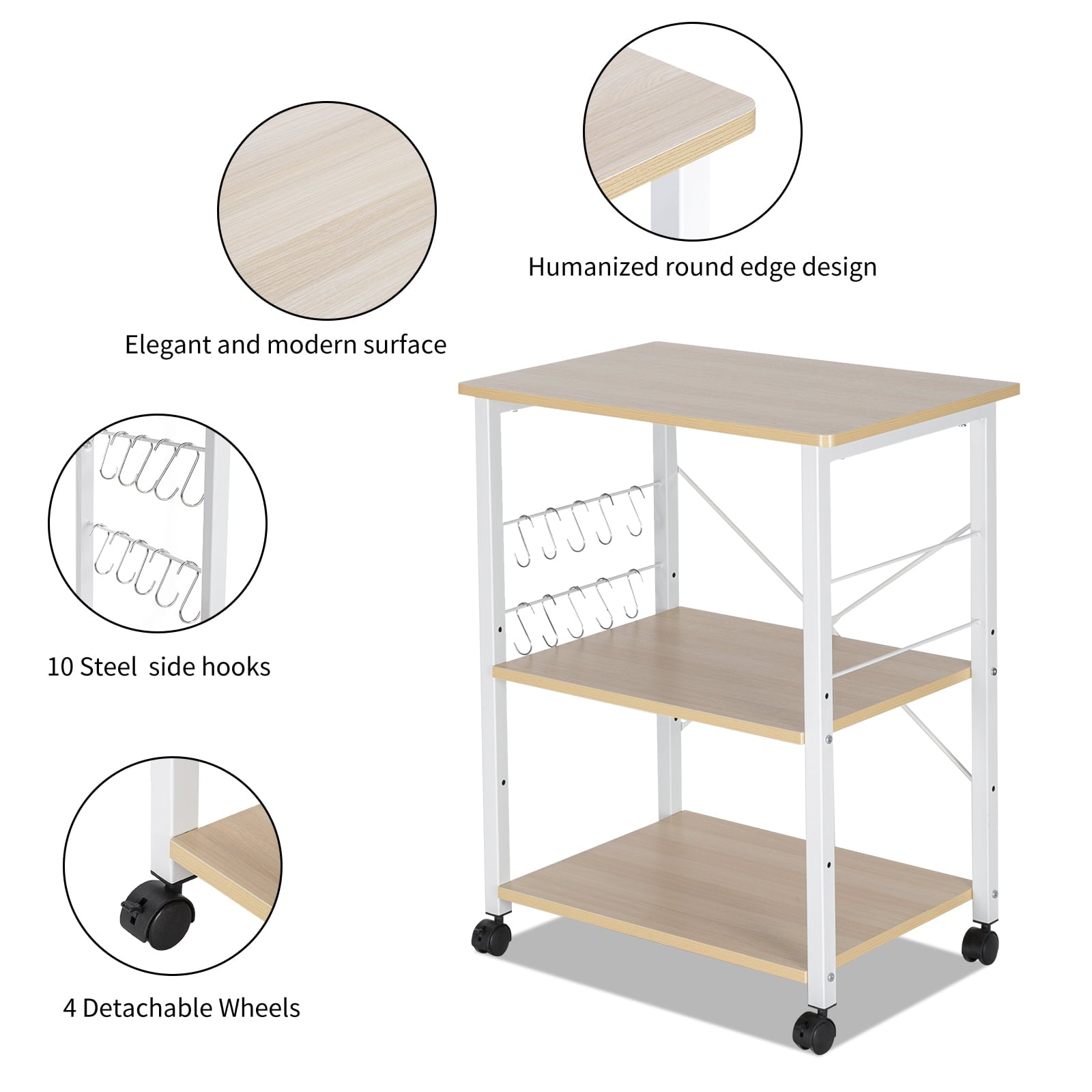 UBesGoo 3-Layer Kitchen Microwave Oven Stand Cart， Rolling Bakers Rack Kitchen Utility Storage Serving Cart， Kitchen Island Cart for Kitchen， Living Room， Entryway， Light Beige/White