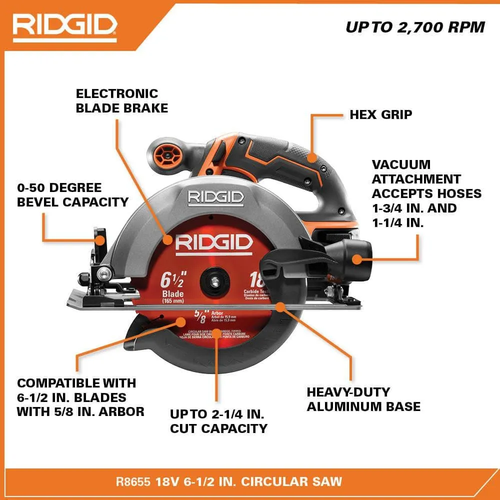 RIDGID 18V Cordless 1/2 in. Drill/Driver and 6-1/2 in. Circular Saw Combo Kit with 2.0 Ah and 4.0 Ah Battery, Charger, and Bag R9207