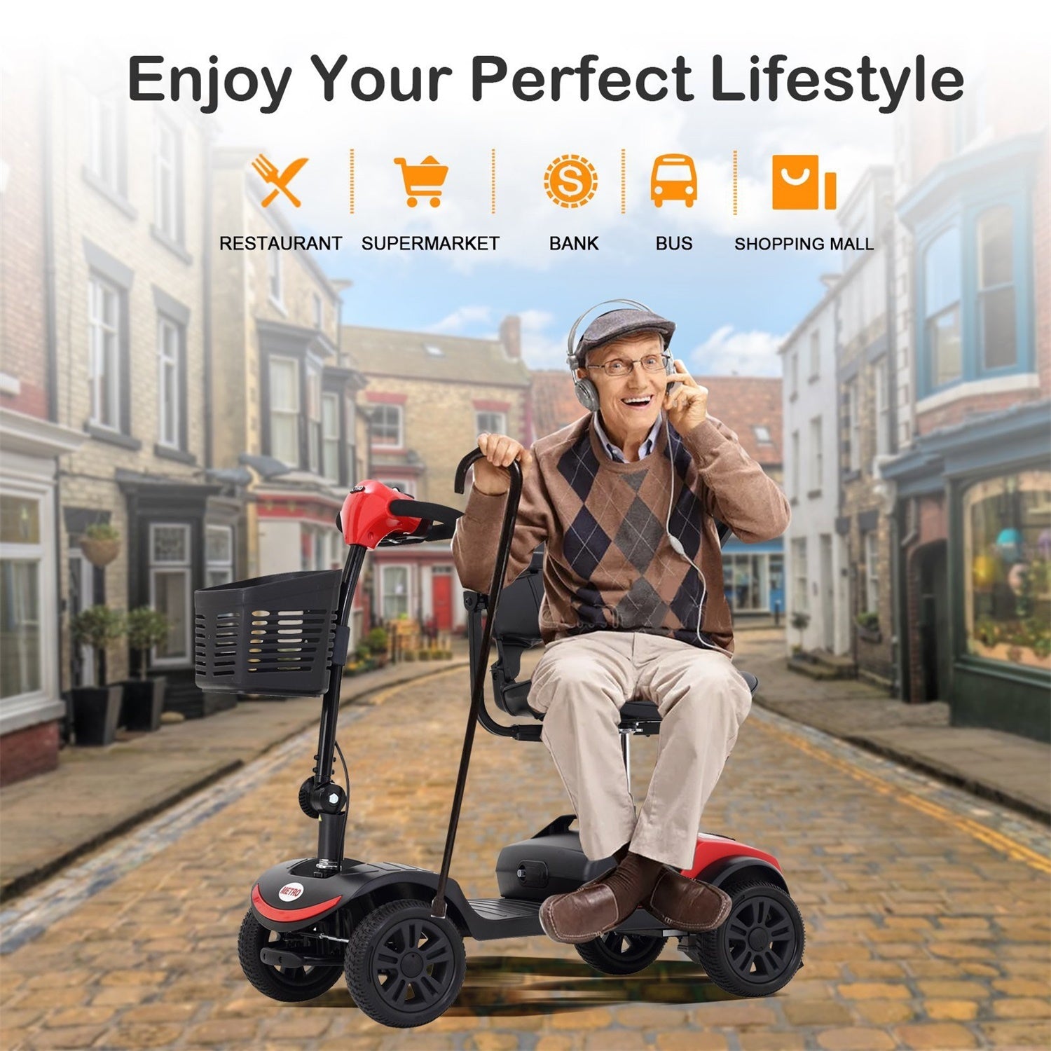4-Wheel Electric Mobility Scooter for Adults, Portable Folding Scooter Wheelchair with Charger Basket