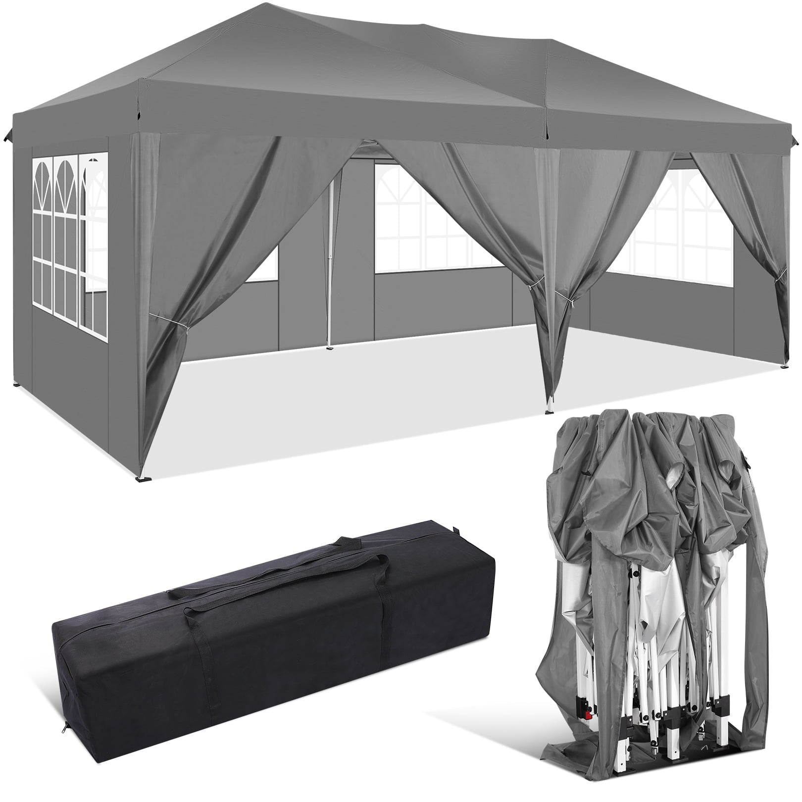 10' x 20' Outdoor Canopy Tent EZ Pop Up Backyard Canopy Portable Party Commercial Instant Canopy Shelter Tent Gazebo with 6 Removable Sidewalls & Carrying Bag for Wedding Picnics Camping, Gray