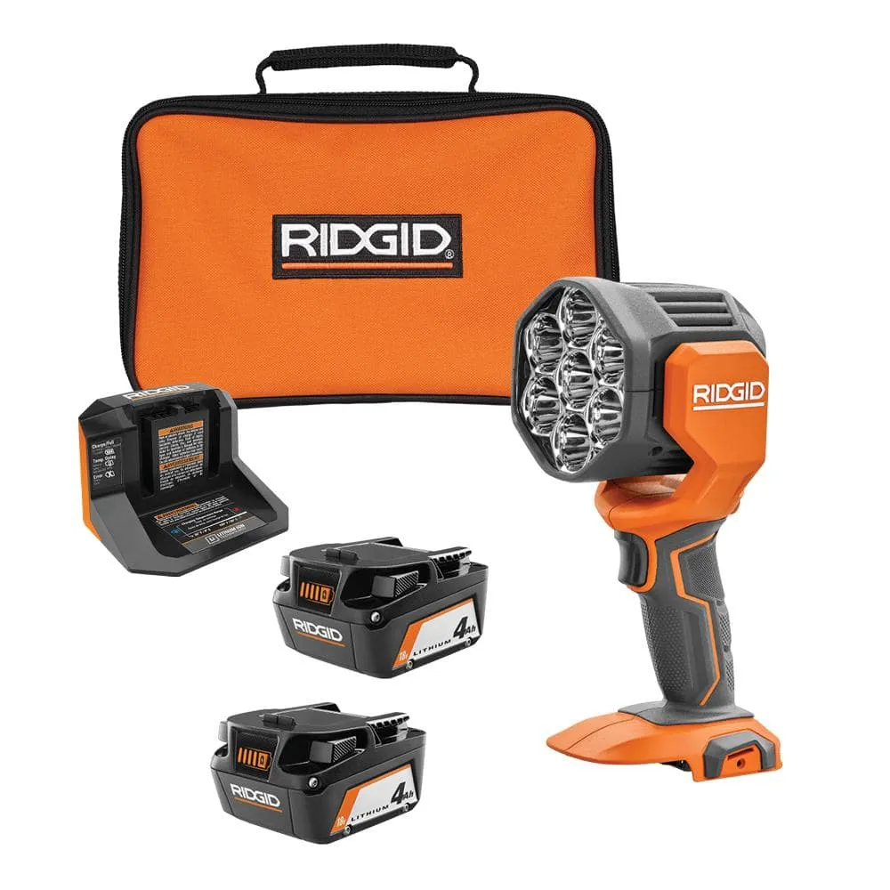 RIDGID 18V Cordless LED Spotlight with (2) 4.0 Ah Batteries, Charger, and Bag R8699B-AC93044SBN