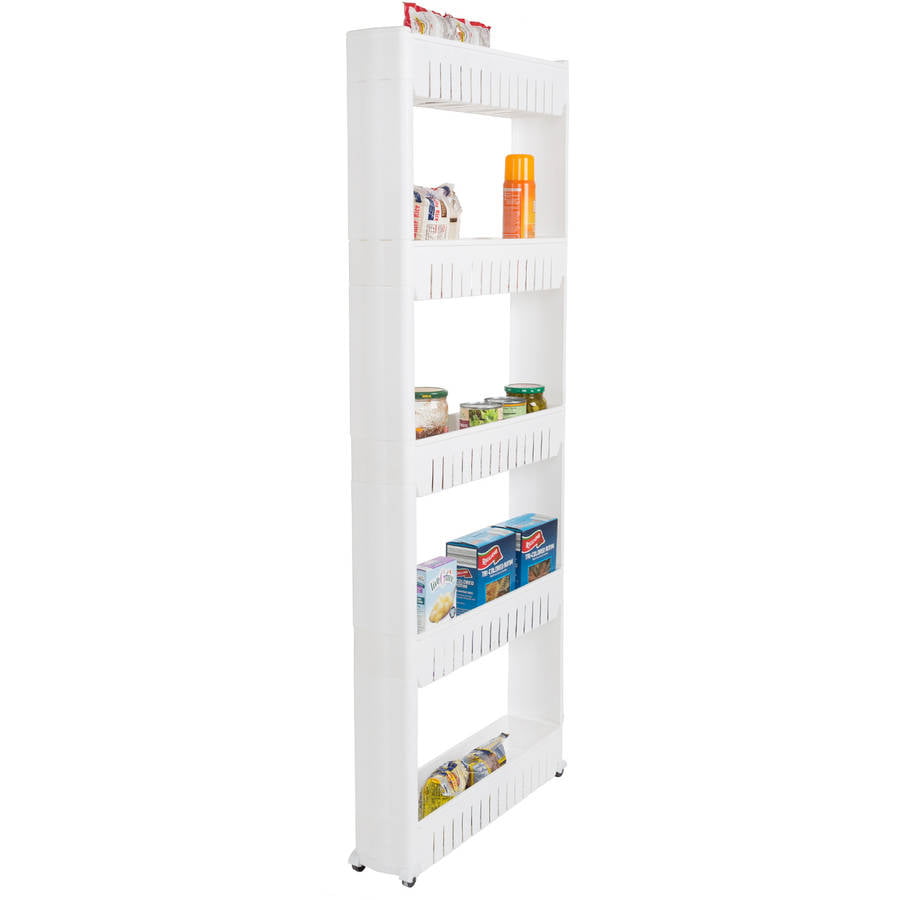 Slide-Out Pantry Storage Rack - 5-Tier White Plastic Pantry Organization and Storage Rolling Cart With Baskets for Narrow Spaces by Lavish Home
