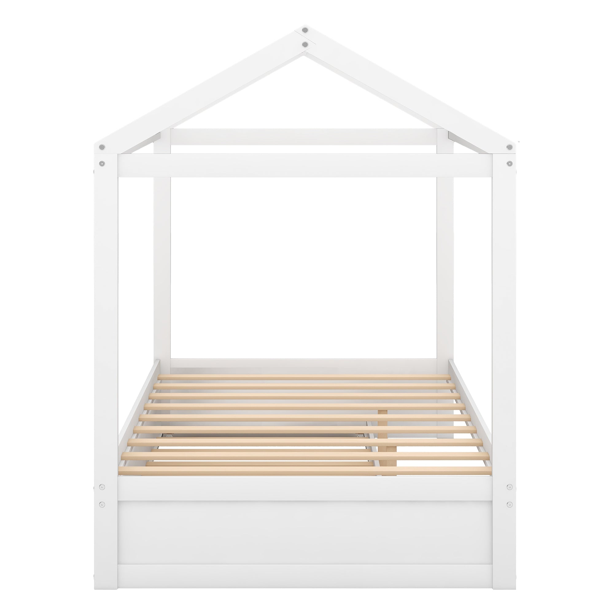 Pine Wood Full Size Beach House Bed With Trundle for Kids Bedroom, White