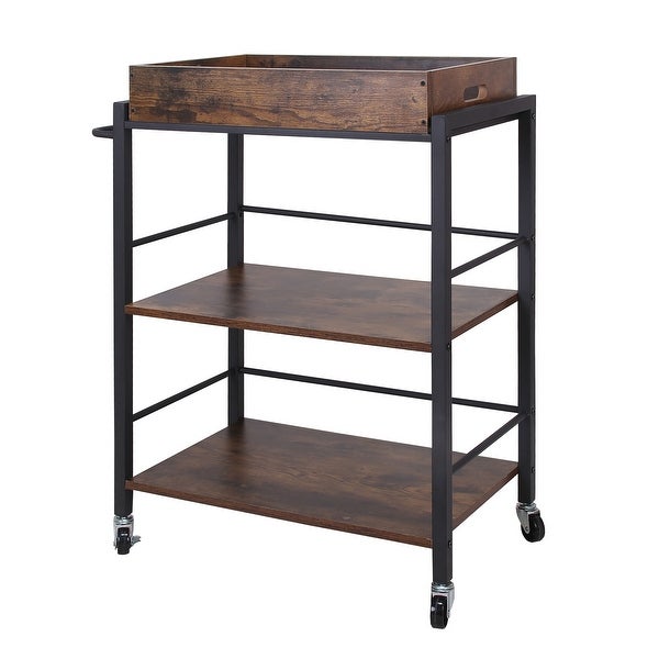 Convenient Wooden Kitchen Cart with Tray Top 2 Shelves and Casters - - 37797437