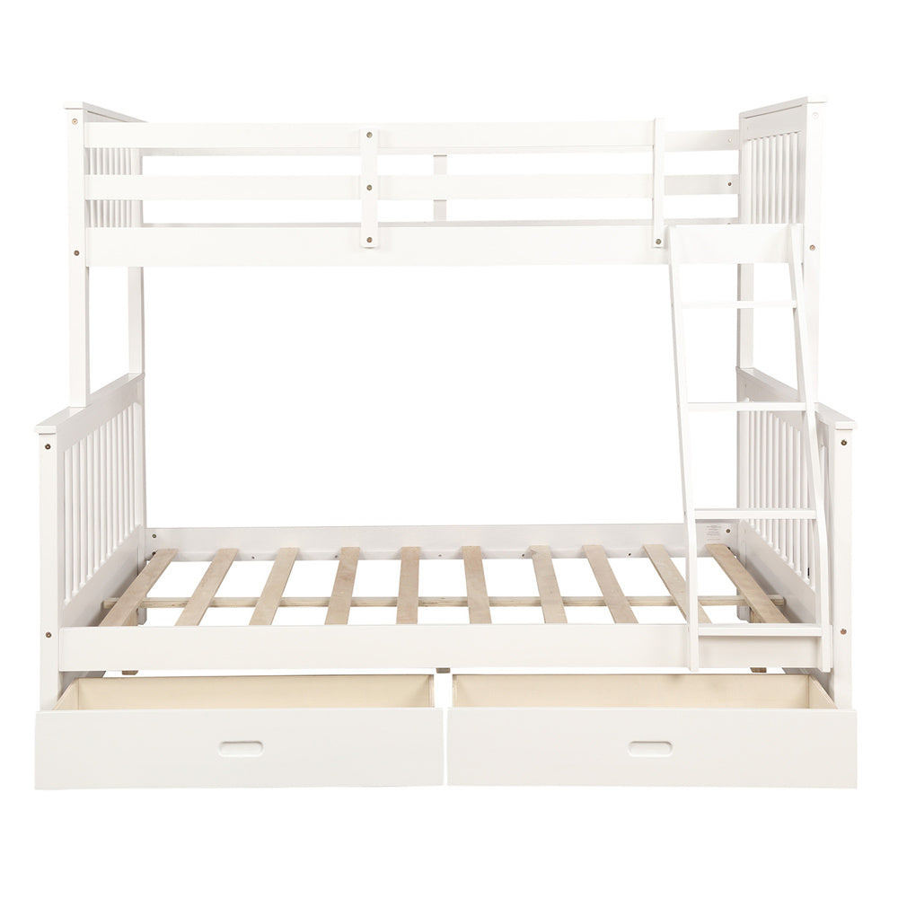 Vanelc Twin Over Full Bunk Bed with Two Storage Drawers, Pine Wood Frame and Ladder with Guard Rails for Teens, Boys, Girls, White