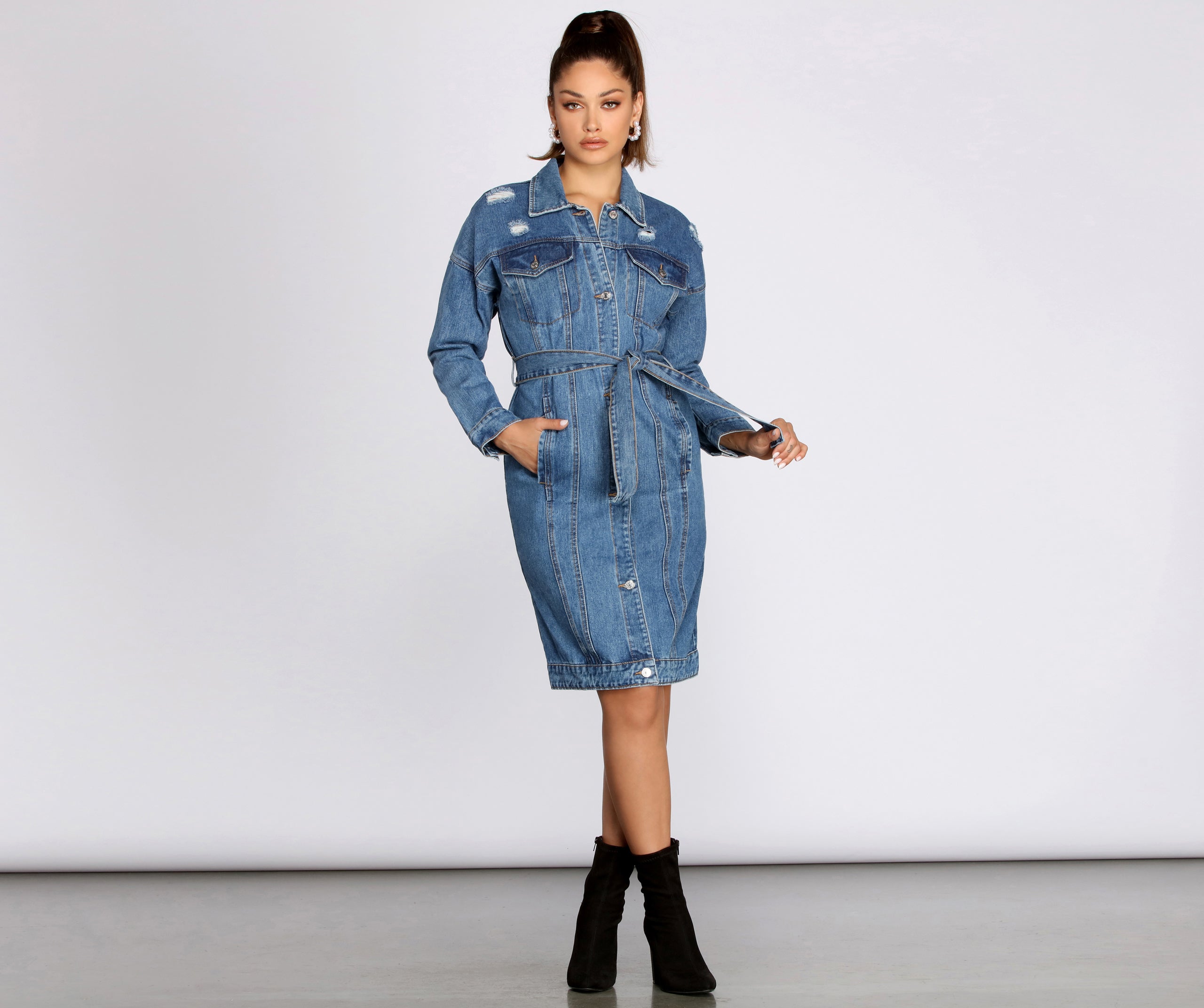 Be That Babe Belted Long Denim Jacket