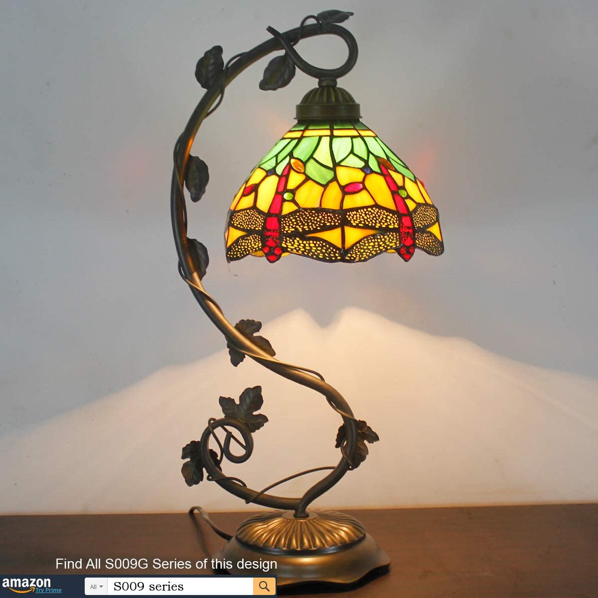 SHADY  Lamp Green Yellow Stained Glass Dragonfly Style Table Lamp Metal Leaf Base 8X10X21 Inches Desk Light Decor Small Space Bedroom Home Office S009G Series