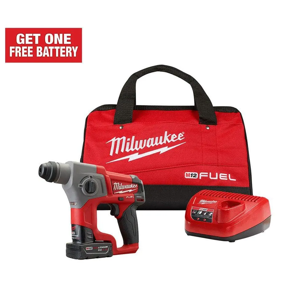 Milwaukee M12 FUEL 12V Lithium-Ion Brushless Cordless 5/8 in. SDS-Plus Rotary Hammer Kit with One 4.0Ah Battery and Bag 2416-21XC