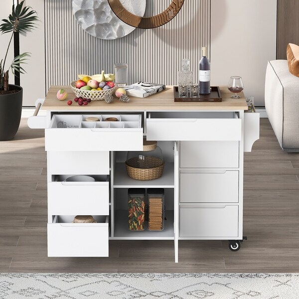 Kitchen Island with 8 Handle-Free Drawers and Rubber Wood Countertop - - 37223012
