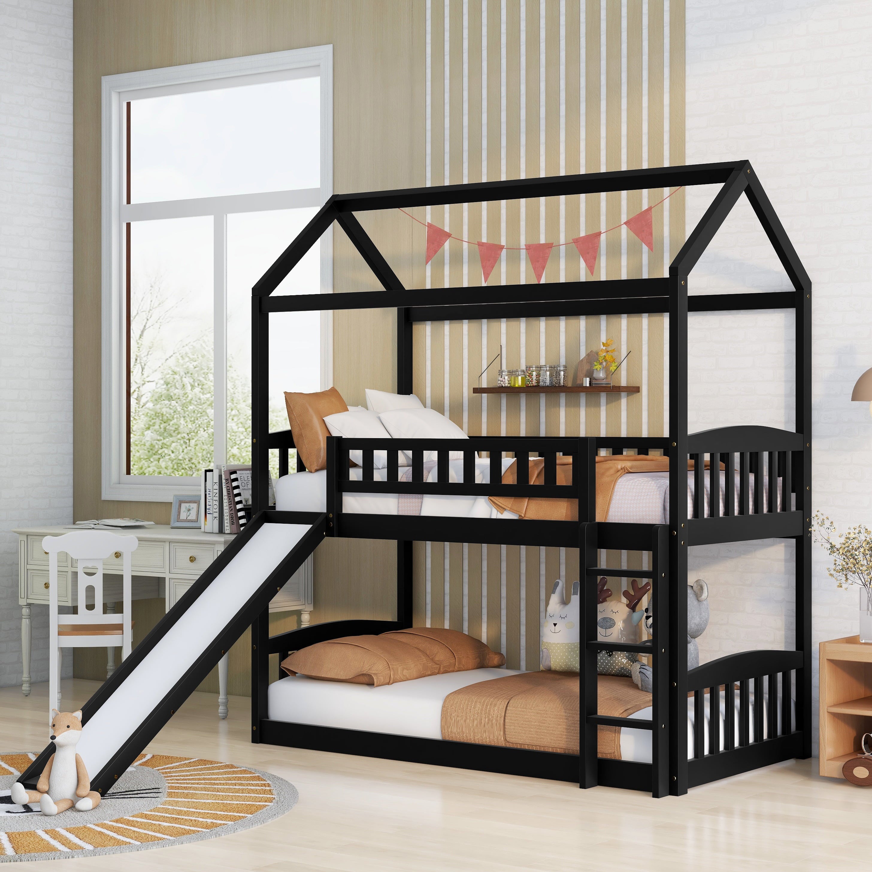 Bellemave Bunk Bed with Slide, Wood Twin Over Twin House Bed Frame with Ladder for Kids Teens(Espresso)