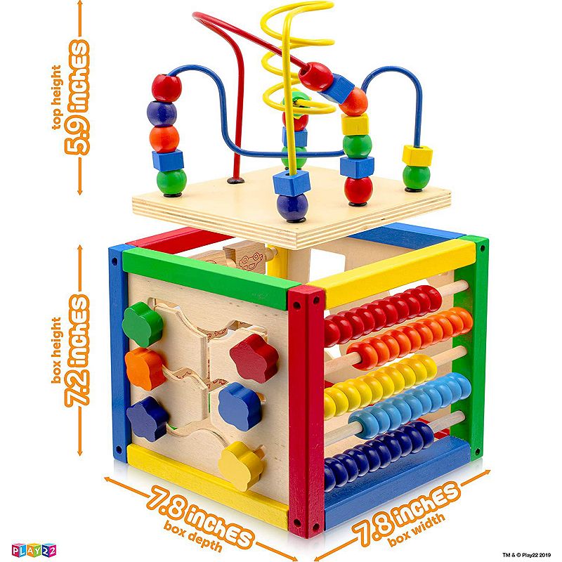 Wooden Activity Play Cube 6 in-1 for Baby with Bead Maze， Shape Sorter， Abacu， Sliding Shapes