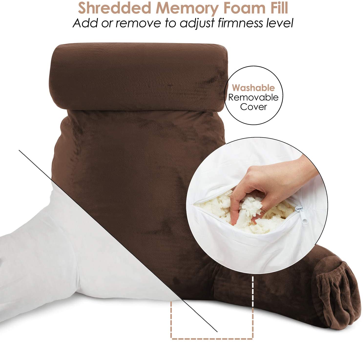 Nestl Reading Pillow, Extra Large Bed Rest Pillow with Arms – Premium Shredded Memory Foam TV Pillow, Detachable Neck Roll & Lumbar Support Pillow - Brown Chocolate