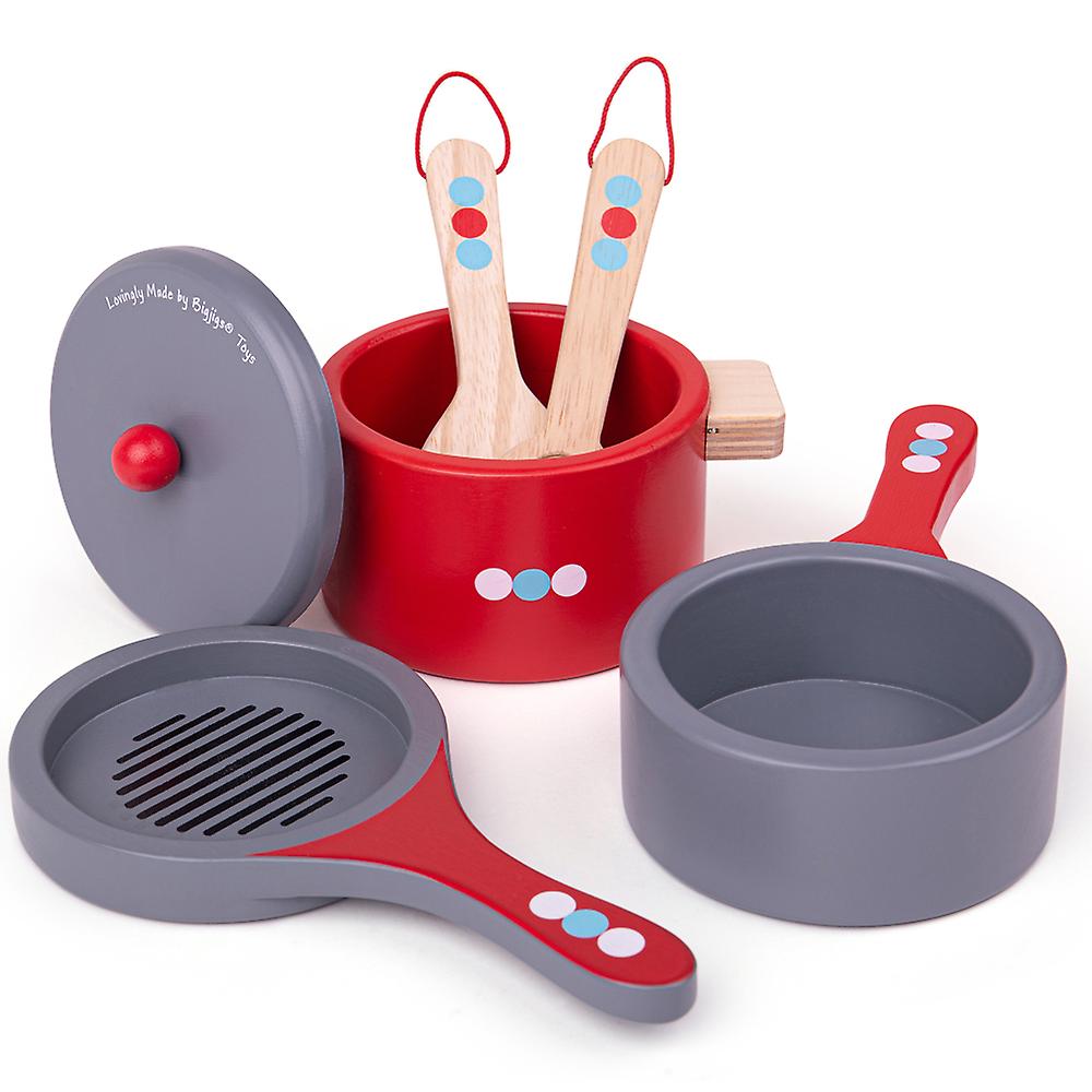 Bigjigs Toys Wooden Cooking Pans Set with Spoon Spatula Role Play Kitchen