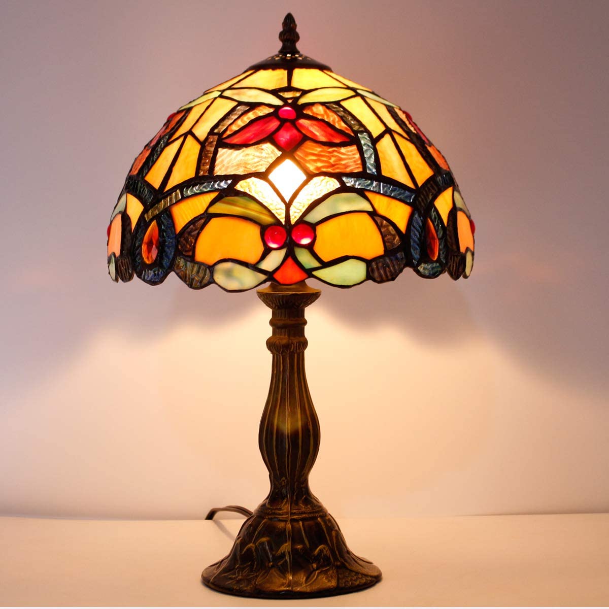 SHADY  Table Lamp Orange Stained Glass Flower Liaison Style Reading Desk Bedside Light 12X12X18 Inches Decor Bedroom Living Room Home Office S617 Series