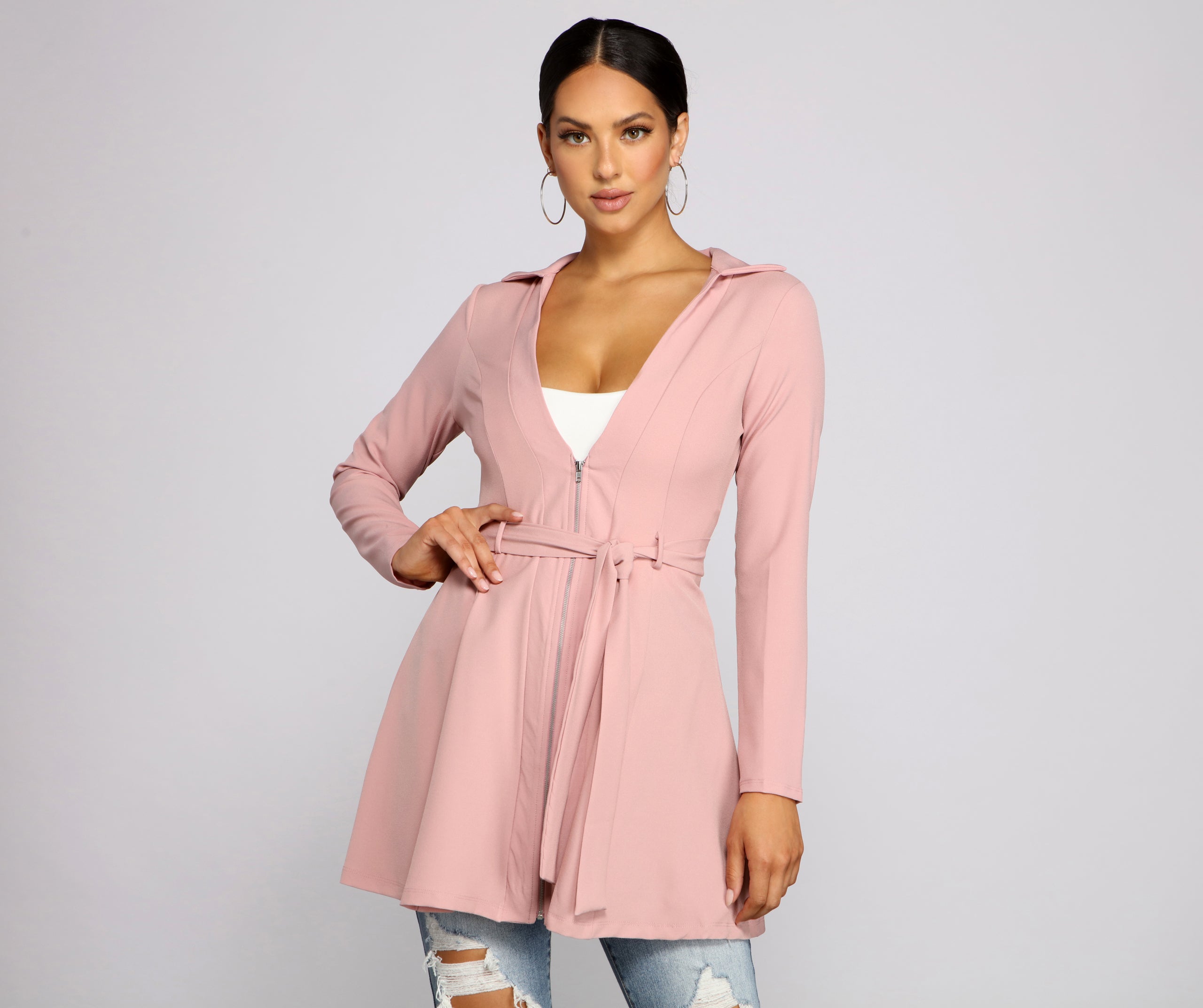 Chic Girl Tie Front Belted Trench