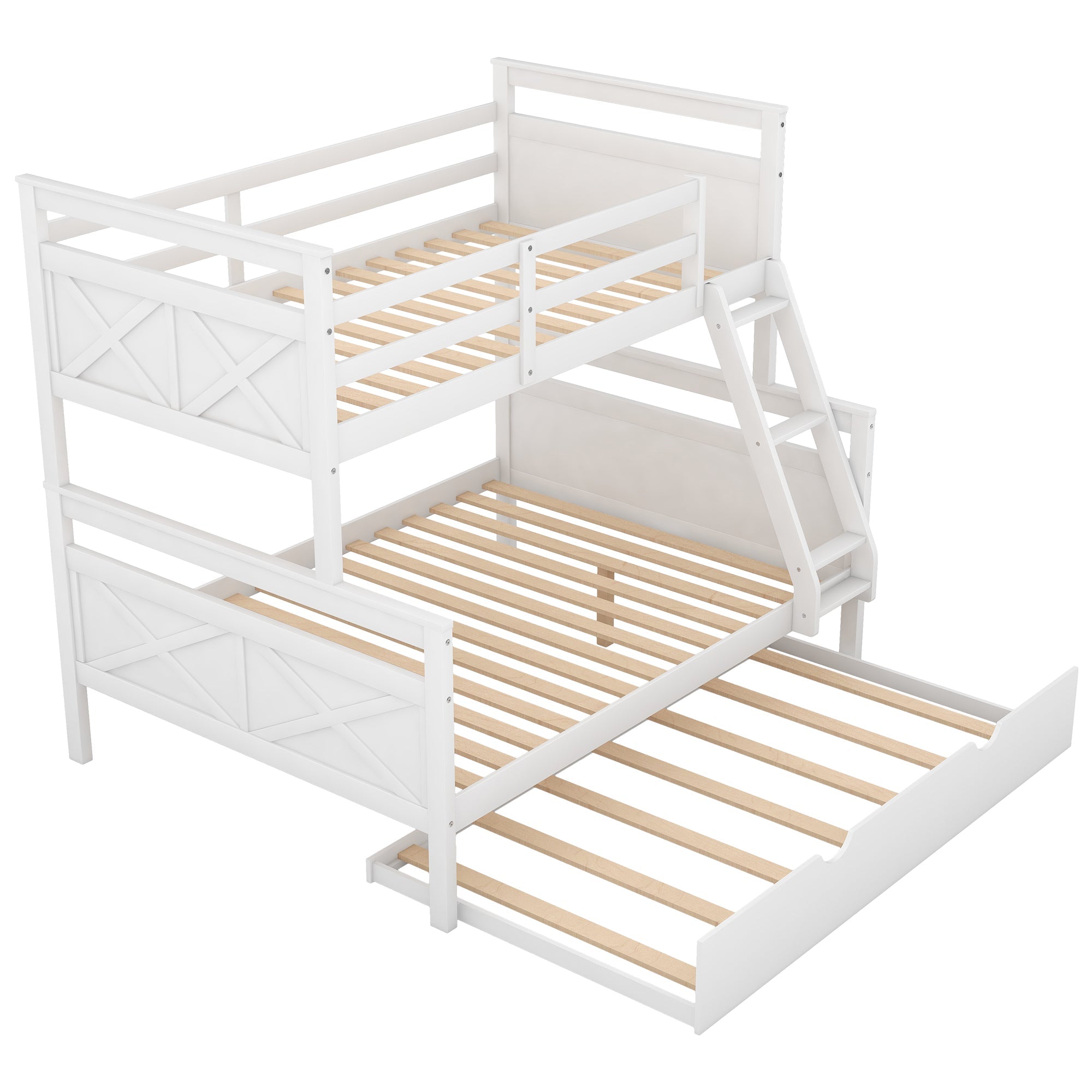 Euroco Wood Twin over Full Bunk Bed with Trundle for Kids & Adults for Bedrooms, White