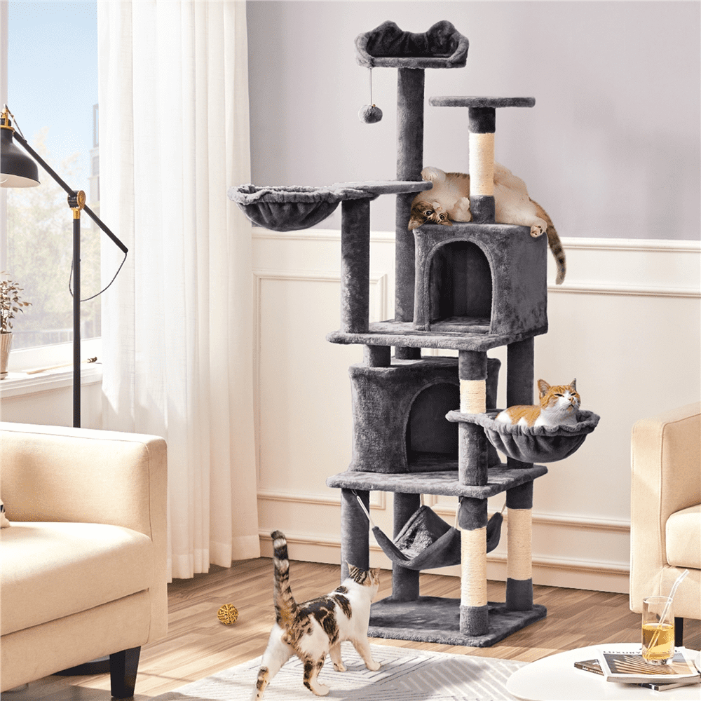 SMILE MART 69-inch Multilevel Cat Tree Towers with Double Condo for Cats Kittens， Dark Gray