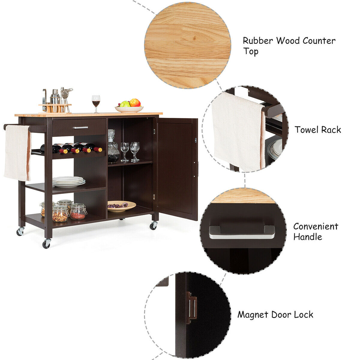 Gymax 4-Tier Wood Kitchen Island Trolley Cart Storage Cabinet w/ Wine Rack and Drawer