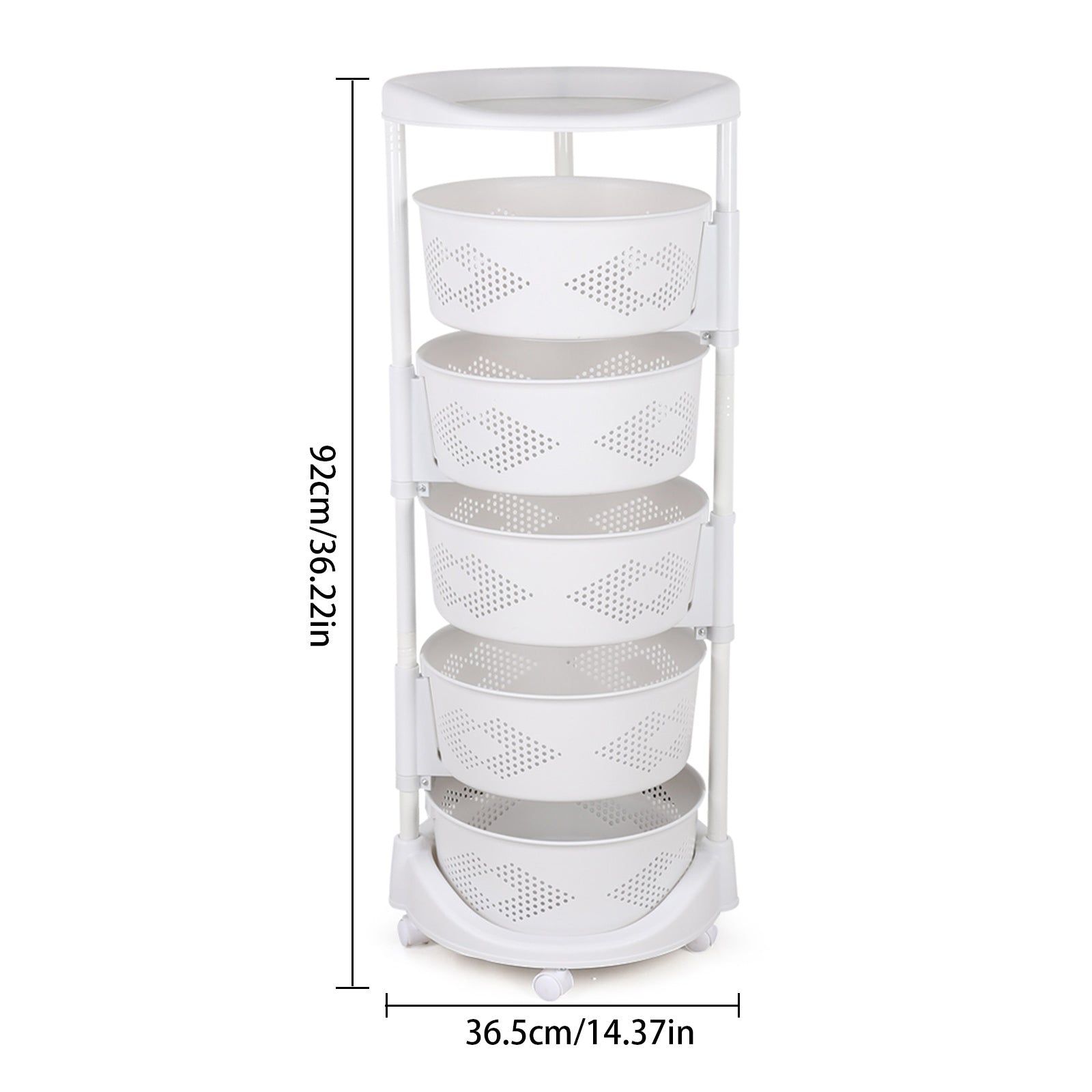 Rotating Fruit and Vegetable Baskets with Wheels， 5-Tier Height Adjustable Contertop Rack Kitchen Storage Organizer White