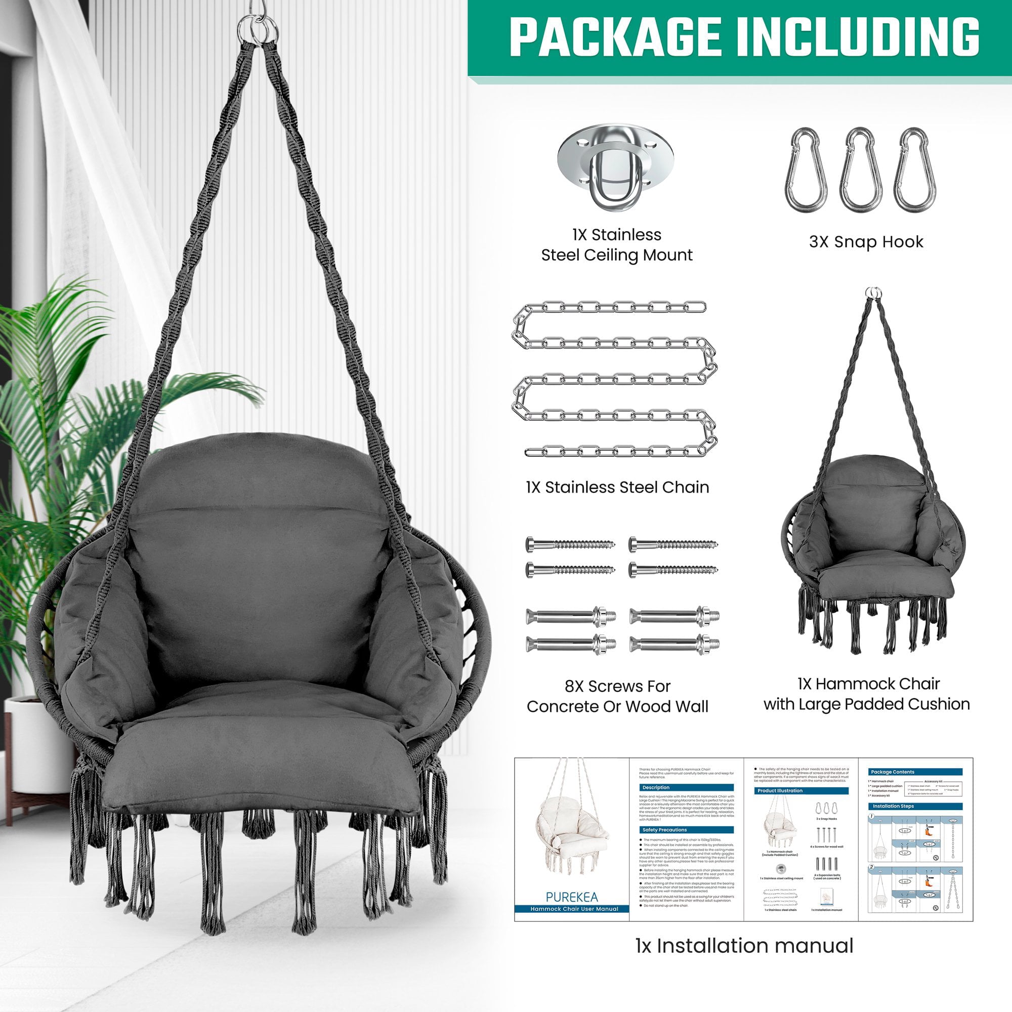 Hammock Chair, Macrame Hanging Swing Chair with Large Padded Cushion and Hardware Kits, Max 330 Lbs, Hanging Cotton Rope Chair for Indoor, Outdoor, Bedroom, Patio, Porch, Garden -Grey