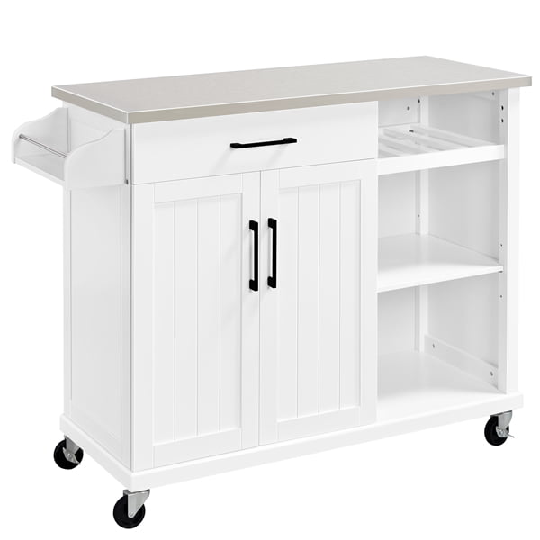 Easyfashion Rolling Kitchen Island Cart with Stainless Steel Top and Storage， White
