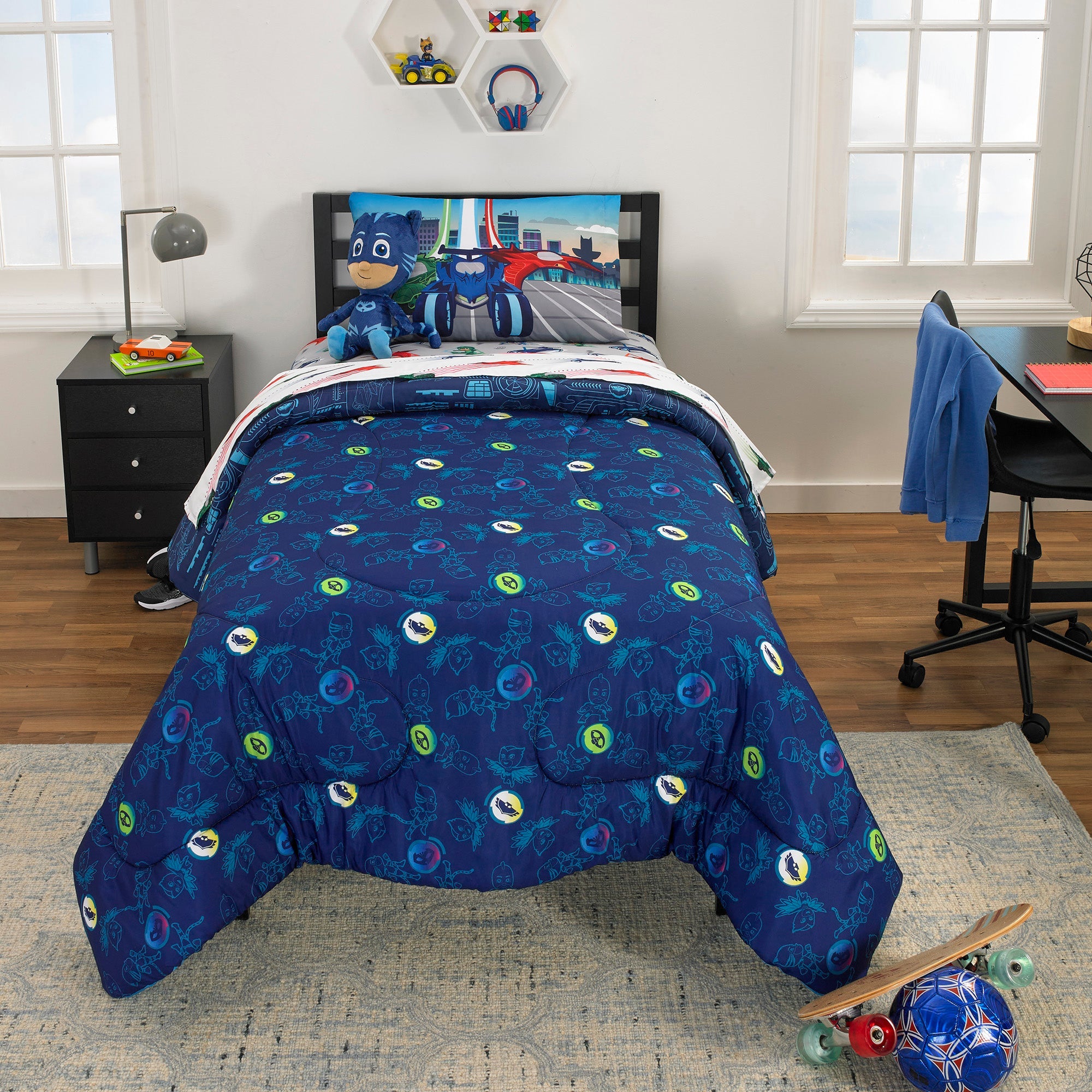 PJ Masks Kids Twin Bed in a Bag, Comforter and Sheets, Blue, Hasbro