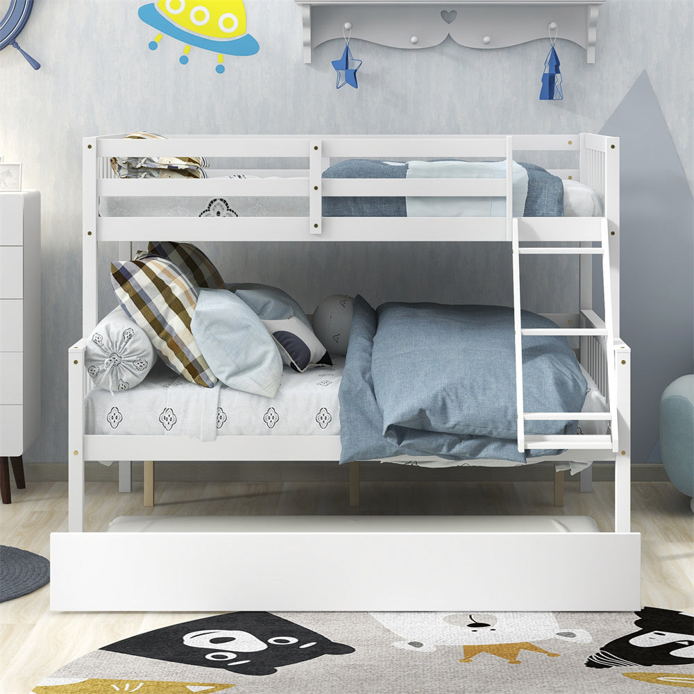 Twin Over Full Bunk Bed with Trundle, Wood Bed Frame with Ladder and Safety Rails for Kids, Teens, Adults, White