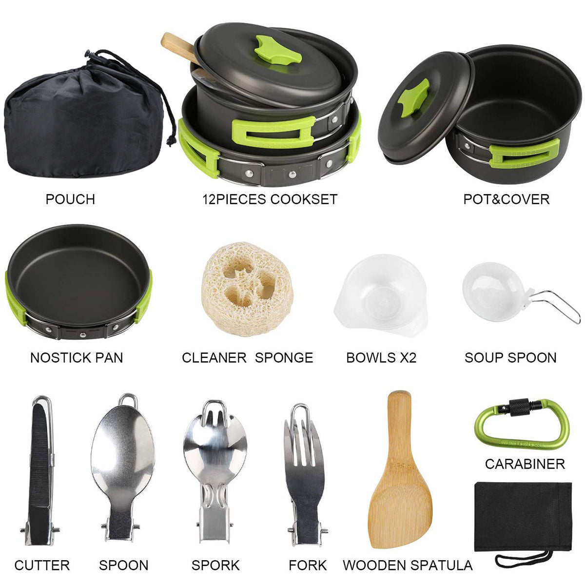 Camping Cookware, 15Pcs Backpacking Gear Hiking Outdoors Non Stick Camping Cookware Set 1-2 People Lightweight Compact Durable Pot Pan Bowls