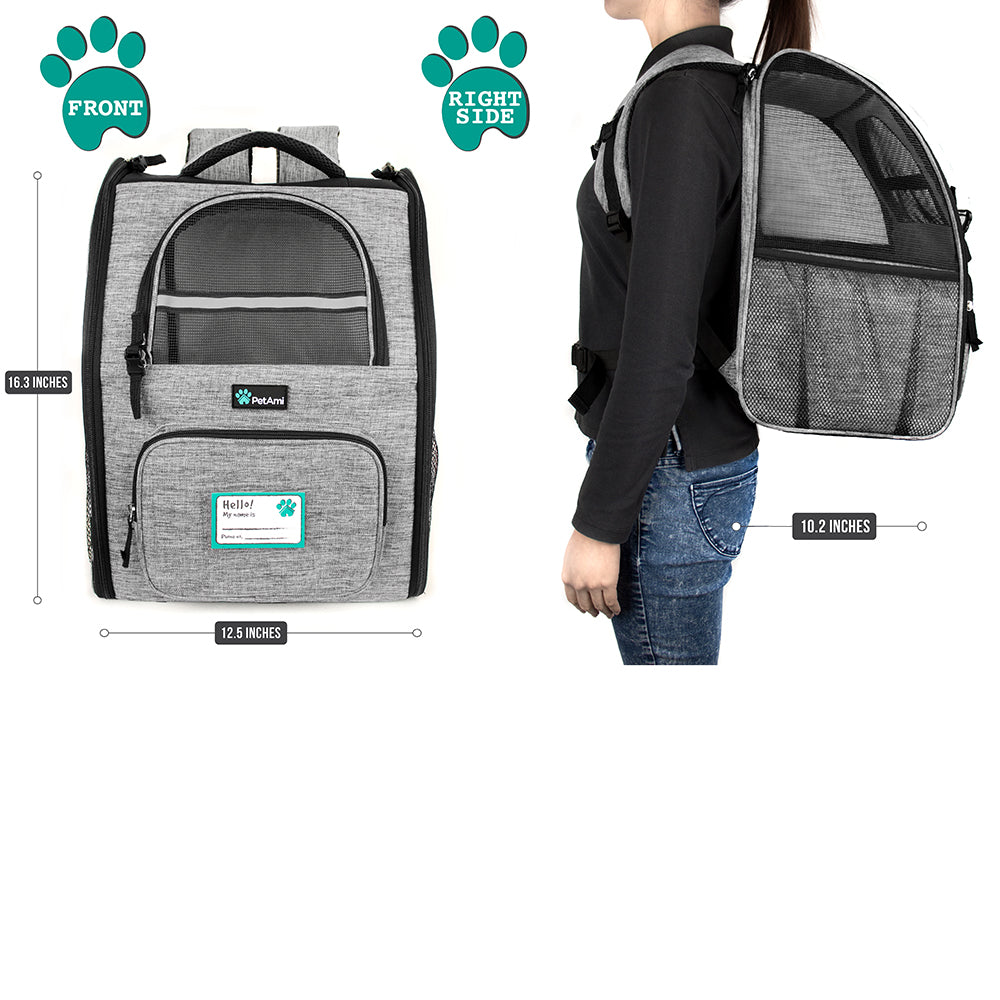 PetAmi Deluxe Pet Carrier Backpack for Small Cats and Dogs， Puppies | Ventilated Design， Two-Sided Entry， Safety Features and Cushion Back Support | For Travel， Hiking， Outdoor Use (Heather Gray)
