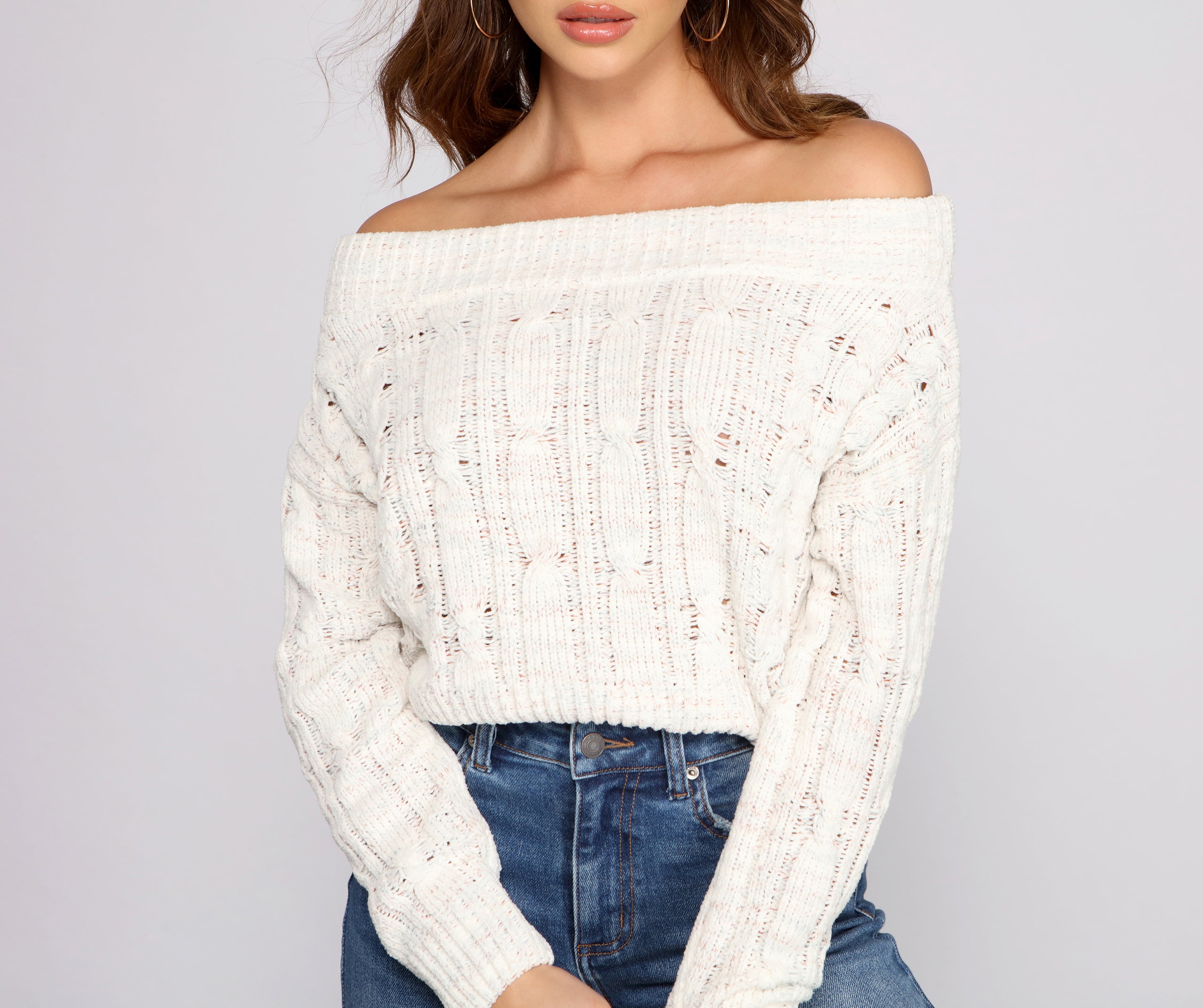 Cozy Off The Shoulder Cable Knit Sweater